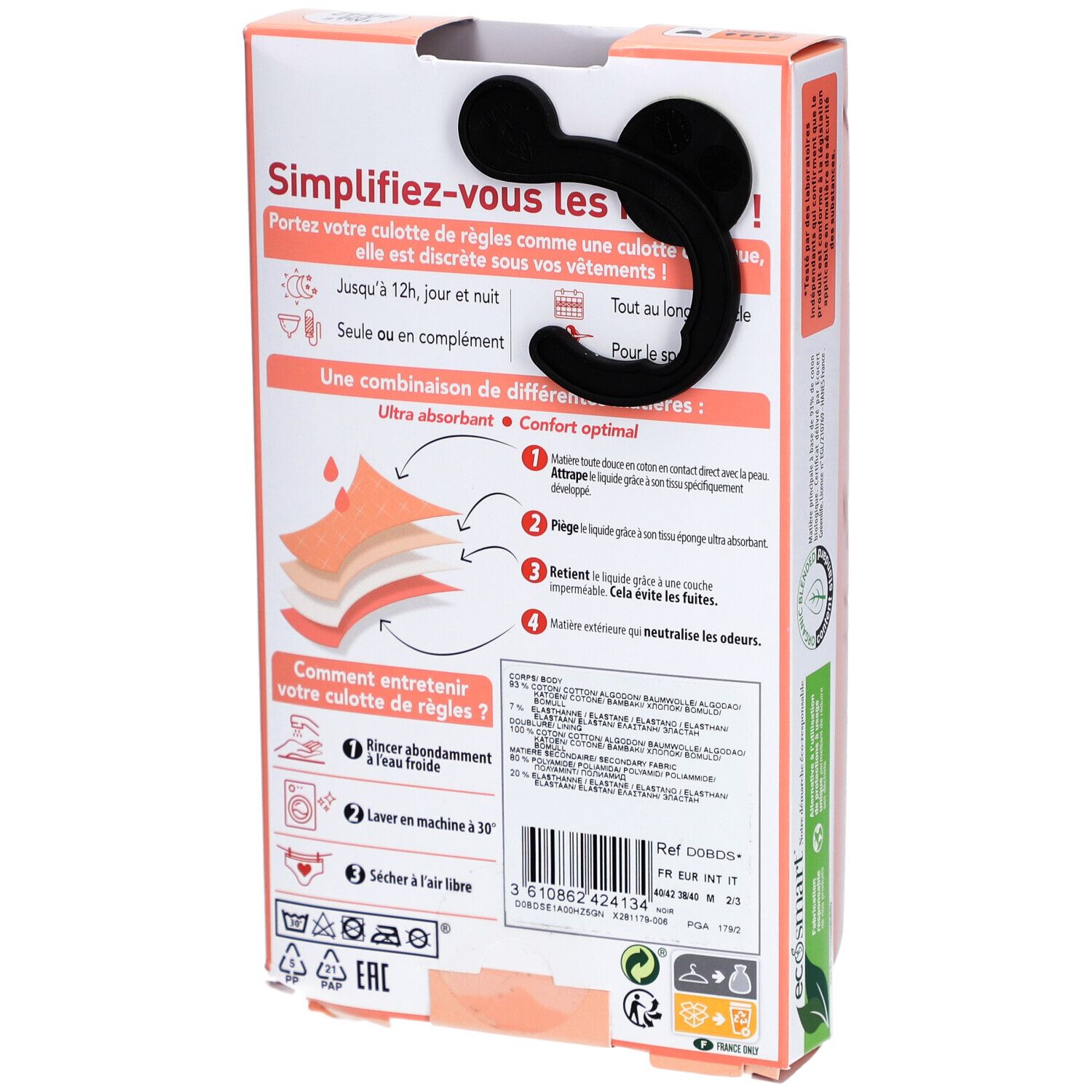 Dos de l'emballage DIM. Instructions d'entretien de la culotte menstruelle. Symboles de lavage, informations matières.