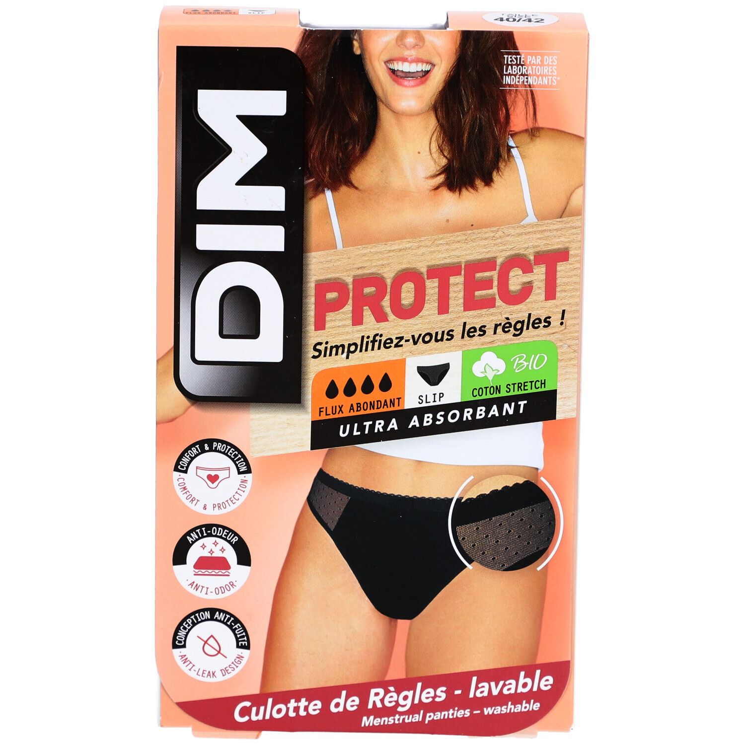 Boîte de culotte menstruelle DIM noire. Inscription PROTECT, ultra absorbante, coton bio. Modèle avec dentelle.