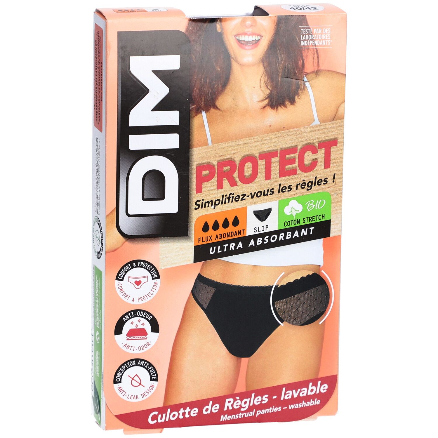 Boîte de culotte menstruelle DIM noire. Inscription PROTECT, ultra absorbante, coton bio. Modèle avec dentelle.