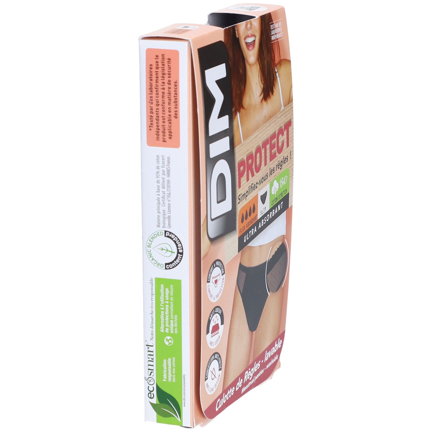 Zijaanzicht van de DIM menstruatieslip verpakking. Zwarte slip met kant. Logo en productinformatie op de verpakking.