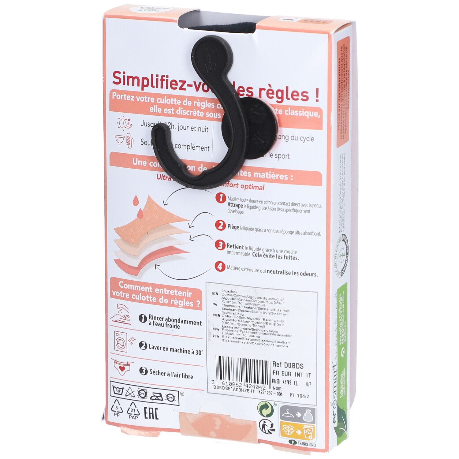 Achterkant van de DIM menstruatieslip verpakking. Gebruiks- en onderhoudsinformatie. Ophanghaak.