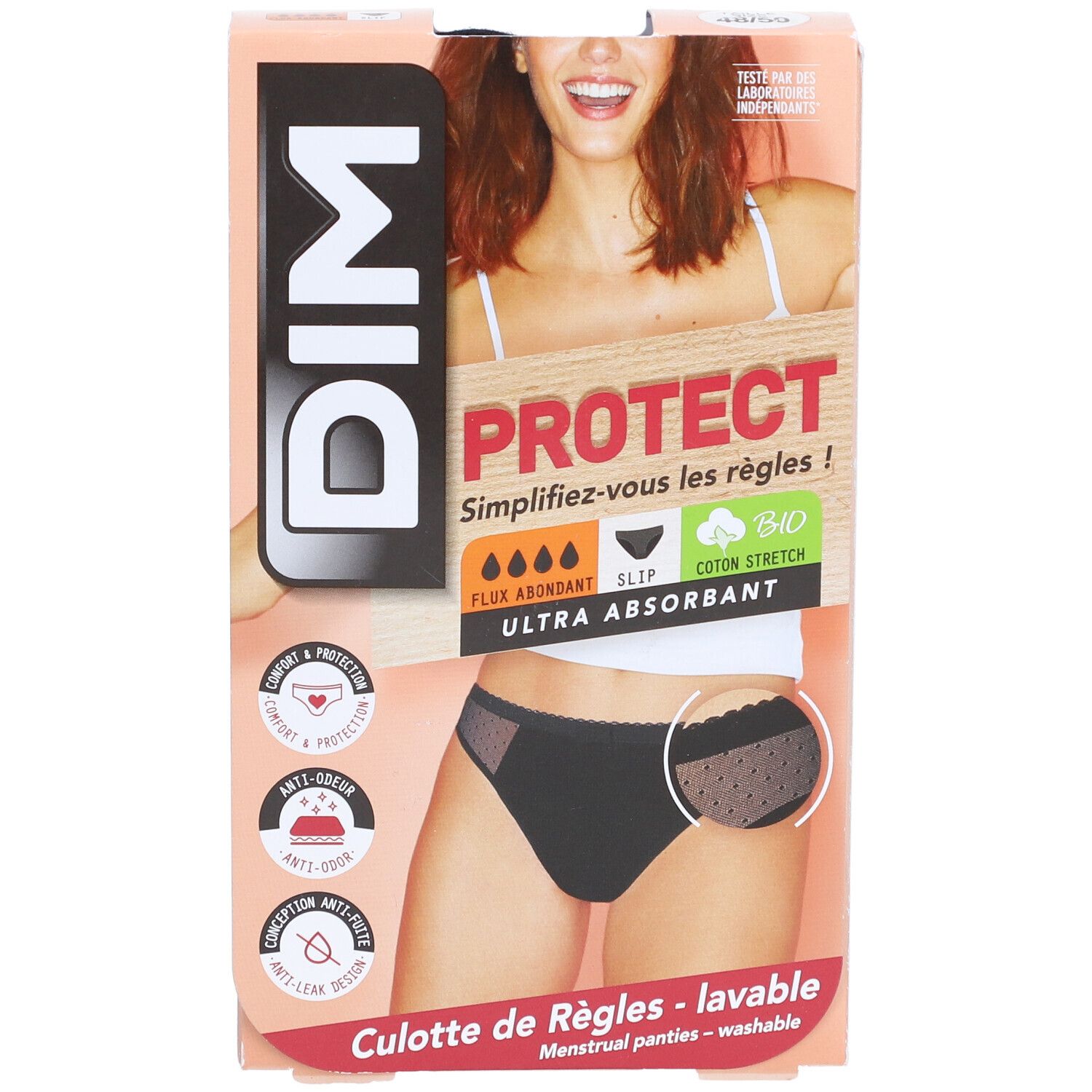 DIM menstruatieslip verpakking. Zwarte slip met kant, ultra absorberend. Biologisch katoen. Verpakking met productafbeelding en logo.