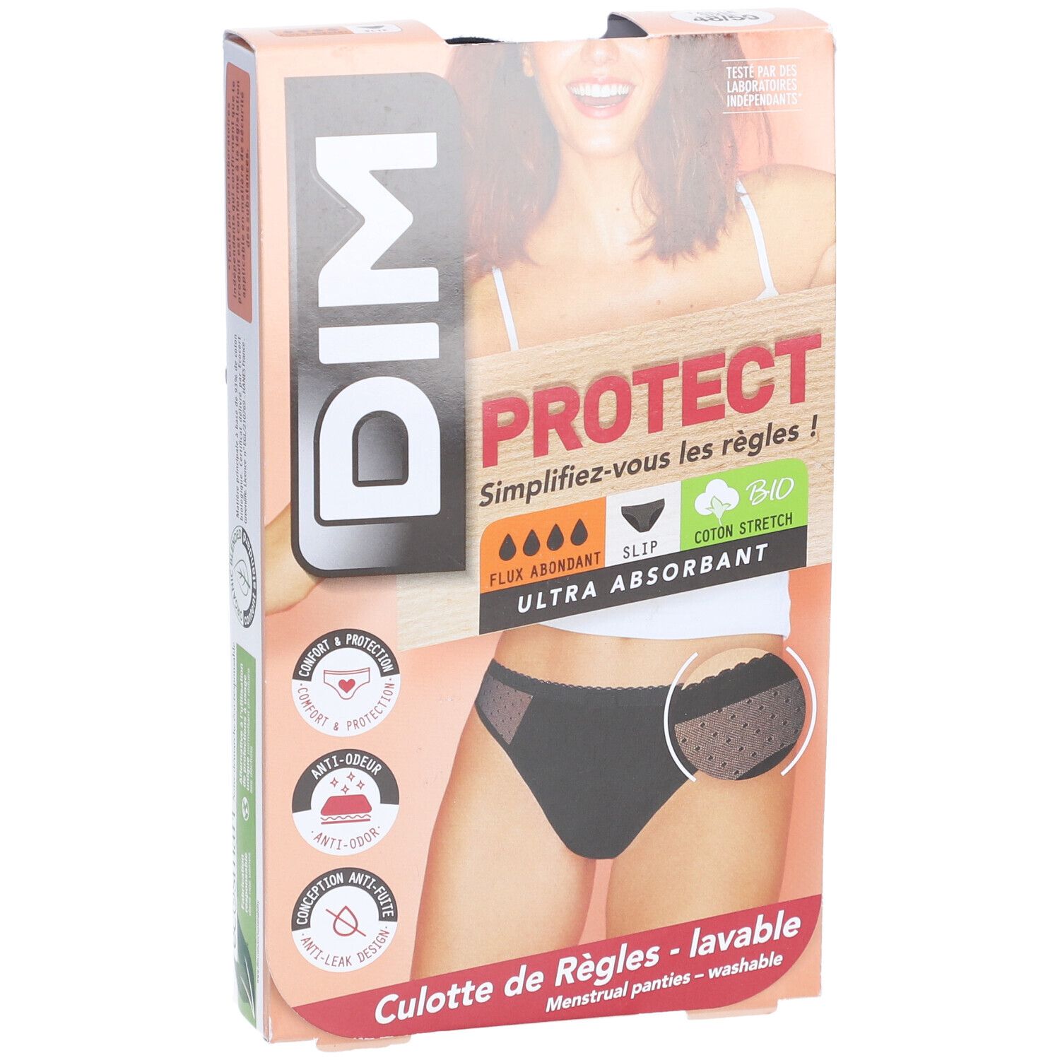 DIM menstruatieslip verpakking. Zwarte slip met kant, ultra absorberend. Biologisch katoen. Verpakking met productafbeelding en logo.