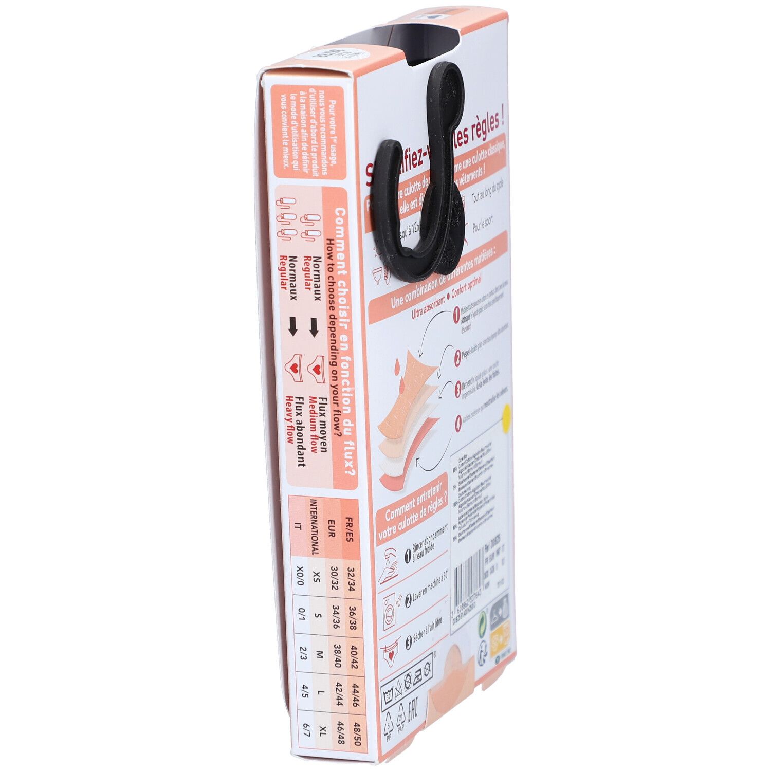 Zijaanzicht DIM verpakking. Maattabel voor menstruatieslip. Ref: D0826. Was- en onderhoudsinstructies.