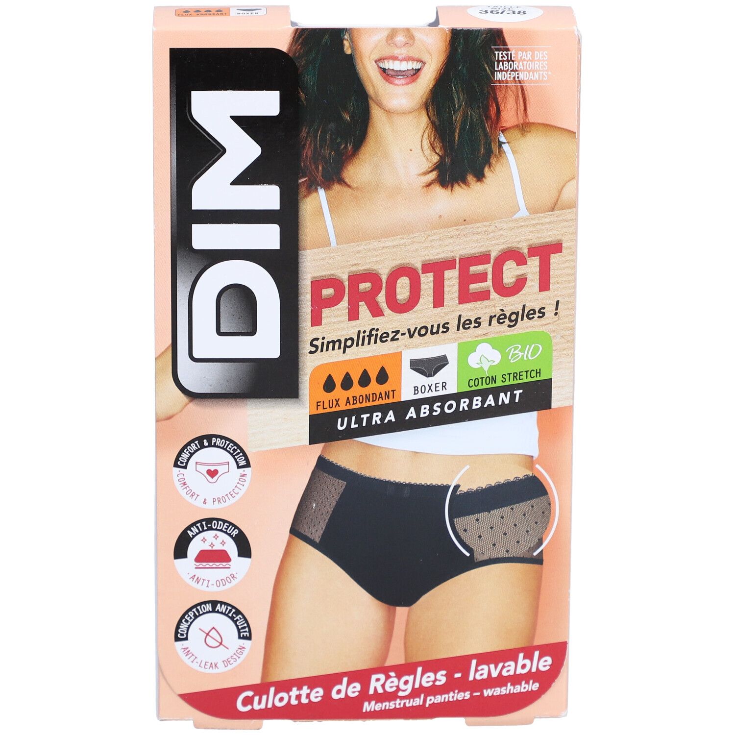 DIM verpakking. Menstruatieslip. Zwarte boxer met kant. Opschrift: PROTECT, biologisch katoen. Wasbaar.