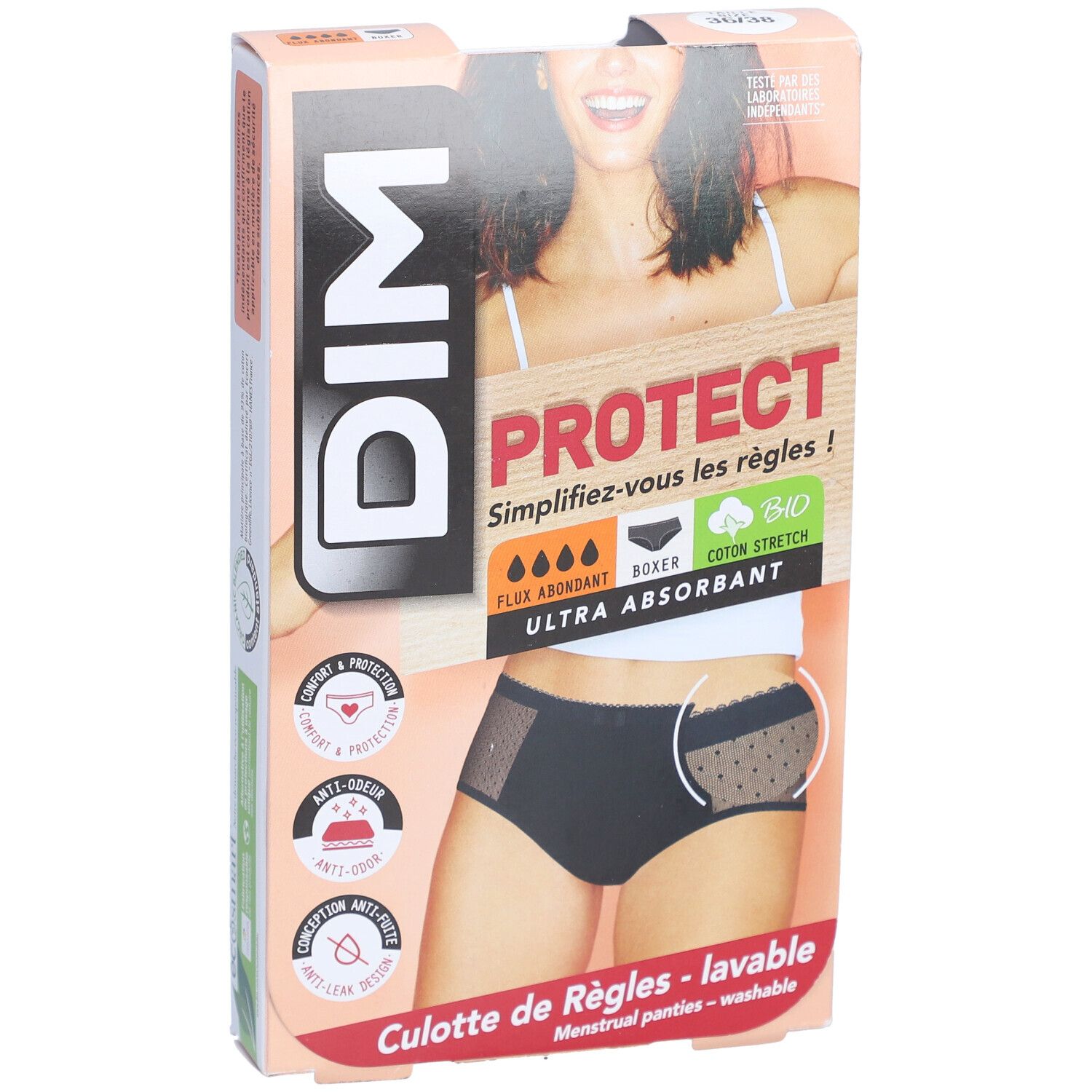 DIM verpakking. Menstruatieslip. Zwarte boxer met kant. Opschrift: PROTECT, biologisch katoen. Wasbaar.