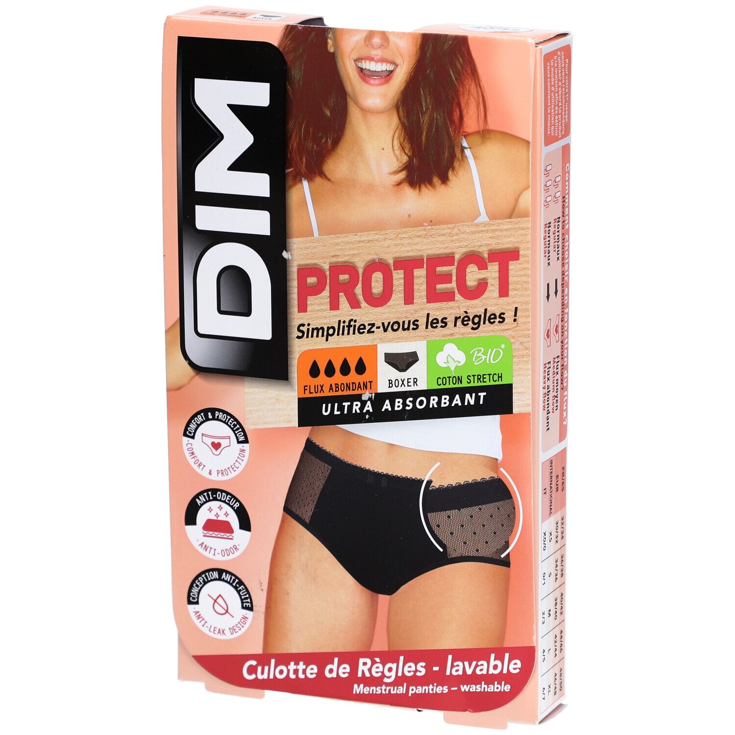 Verpakking van DIM menstruatiebroekje. Opschrift: PROTECT, Ultra-Absorberend, biologisch katoen. Zwarte boxer met kant.