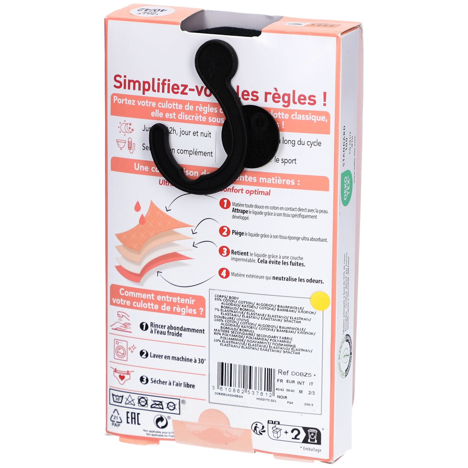 Achterkant van de DIM-verpakking. Informatie over het gebruik en de verzorging van het menstruatiebroekje. Haak.