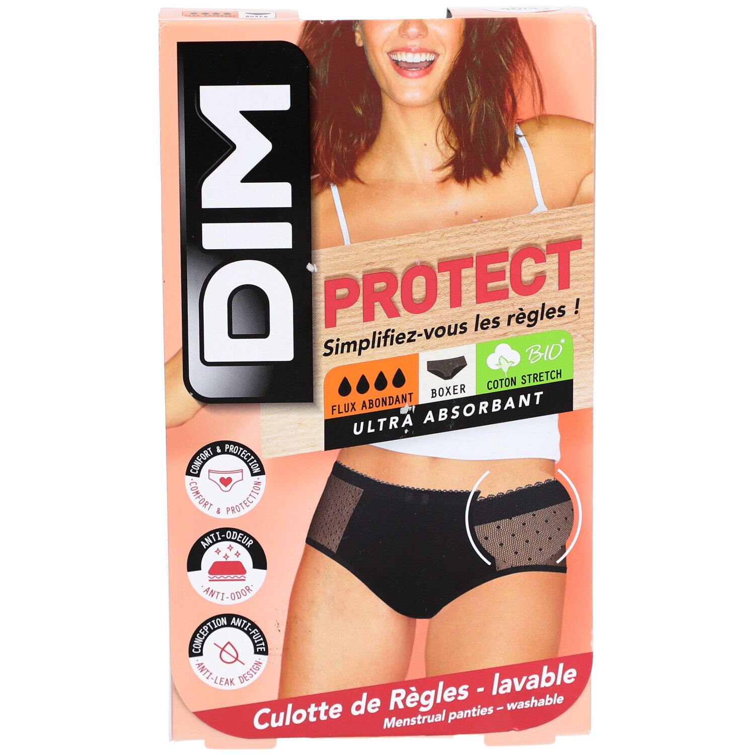 DIM-verpakking. Opschrift: PROTECT, Ultra-Absorberend, biologisch katoen. Zwarte boxer met kant. Productillustratie.