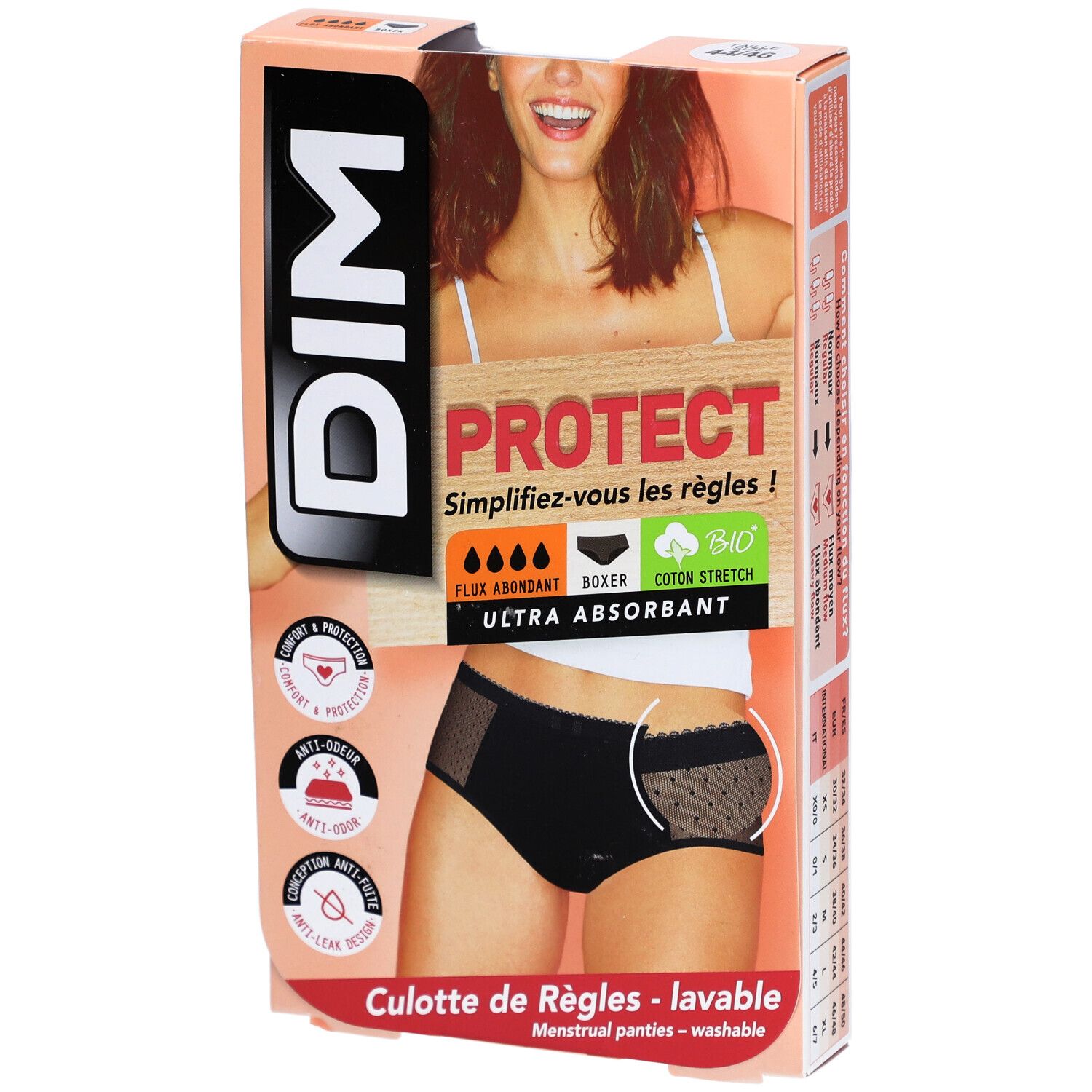 Boîte DIM Protect Boxer Slip noir, dentelle, lavable, coton bio, Flux Abondant. Femme sur l'emballage.
