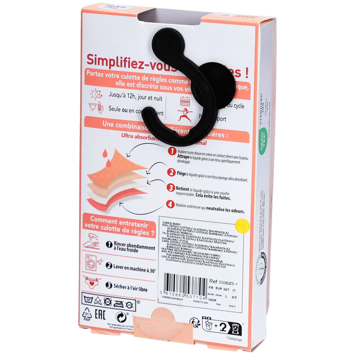 Dos de l'emballage DIM Protect. Informations produit, instructions de lavage, tailles et certifications.