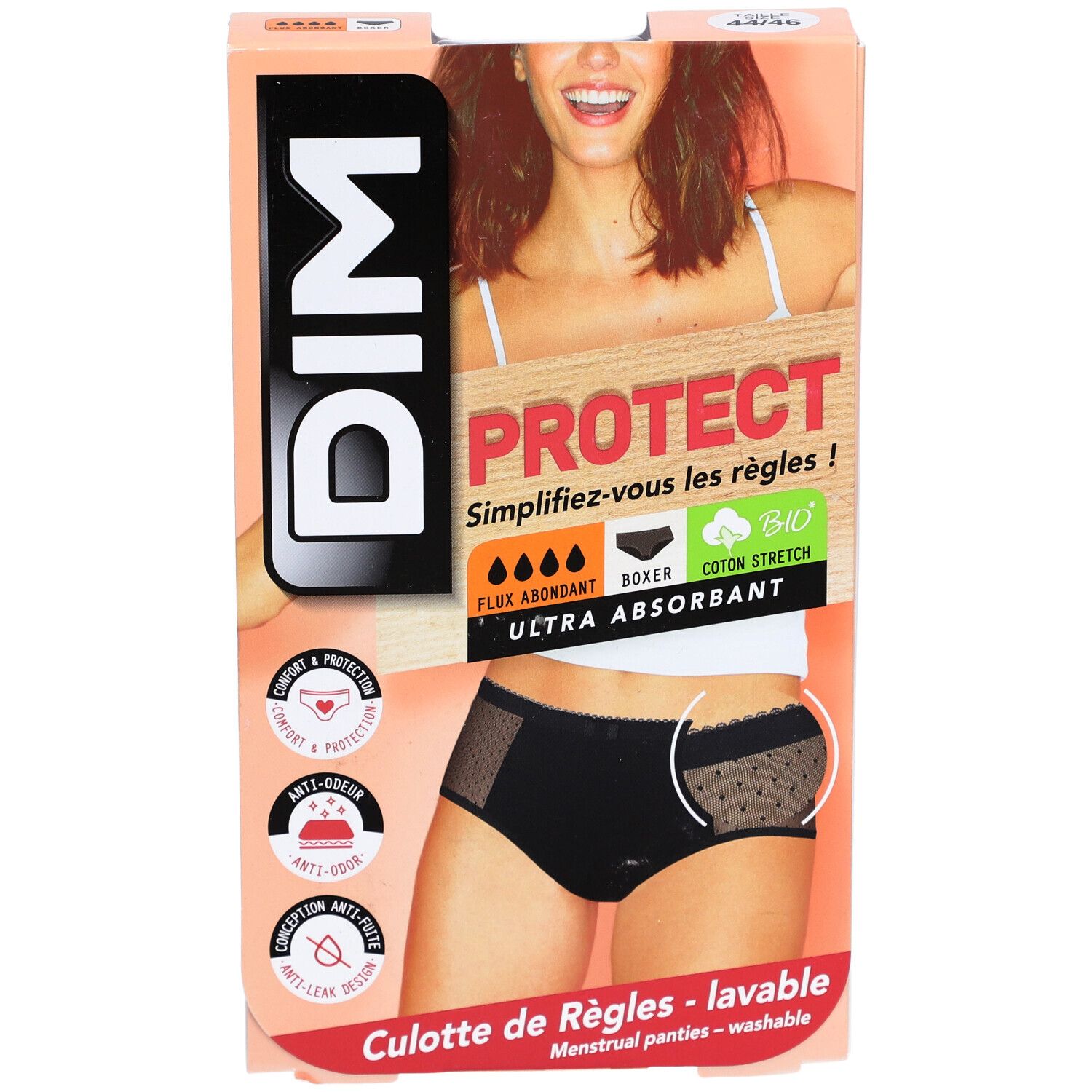 Boîte DIM Protect Boxer Slip noir, dentelle, lavable, coton bio, Flux Abondant. Femme sur l'emballage.