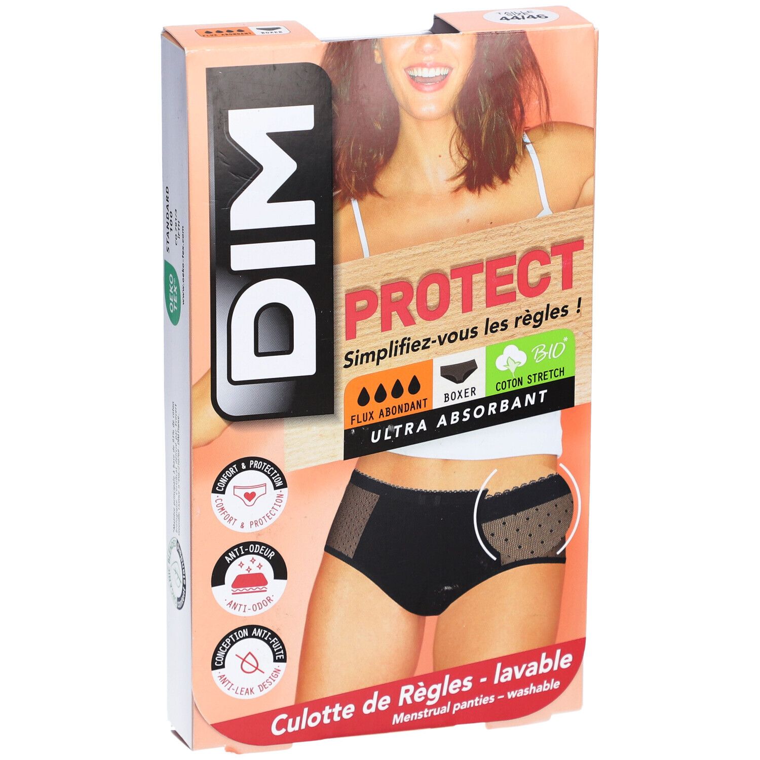 Boîte DIM Protect Boxer Slip noir, dentelle, lavable, coton bio, Flux Abondant. Femme sur l'emballage.