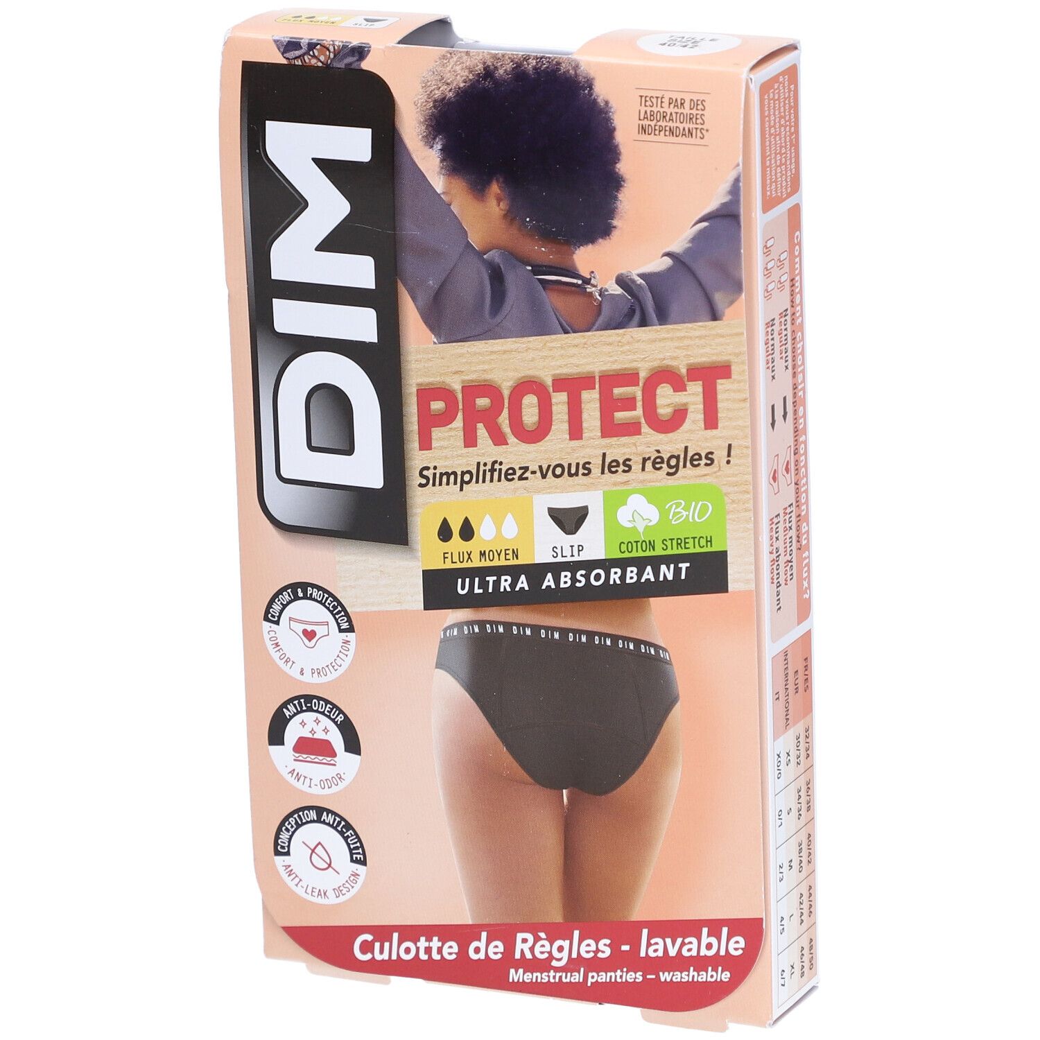 Boîte de culotte menstruelle DIM Protect. Culotte noire visible. Inscriptions: Ultra absorbant, Bio.