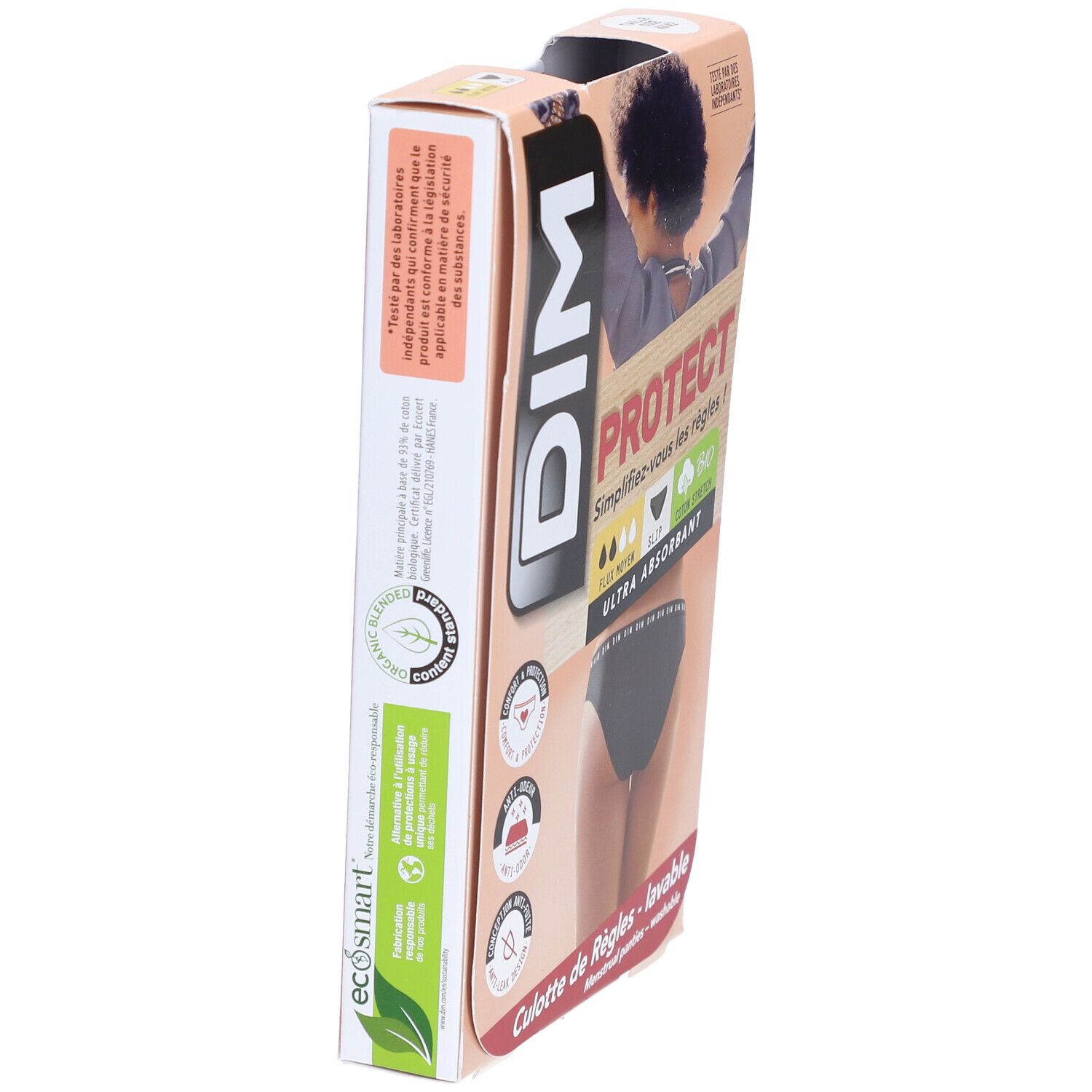Vue latérale de la boîte de culotte menstruelle DIM Protect. Texte: Ultra absorbant, Bio. Certification éco.