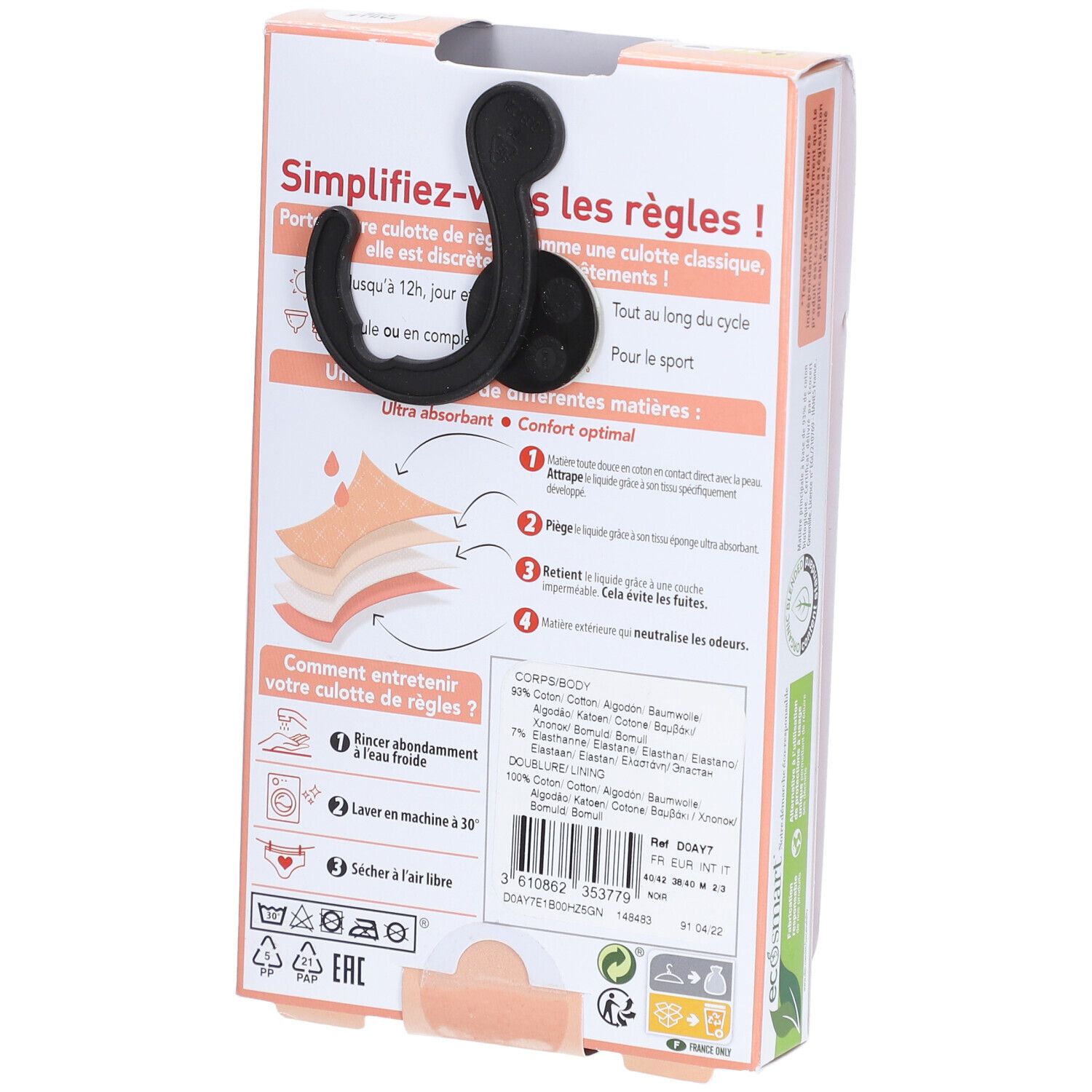 Dos de la boîte de culotte menstruelle. Description produit, composition, symboles de lavage, code EAN.
