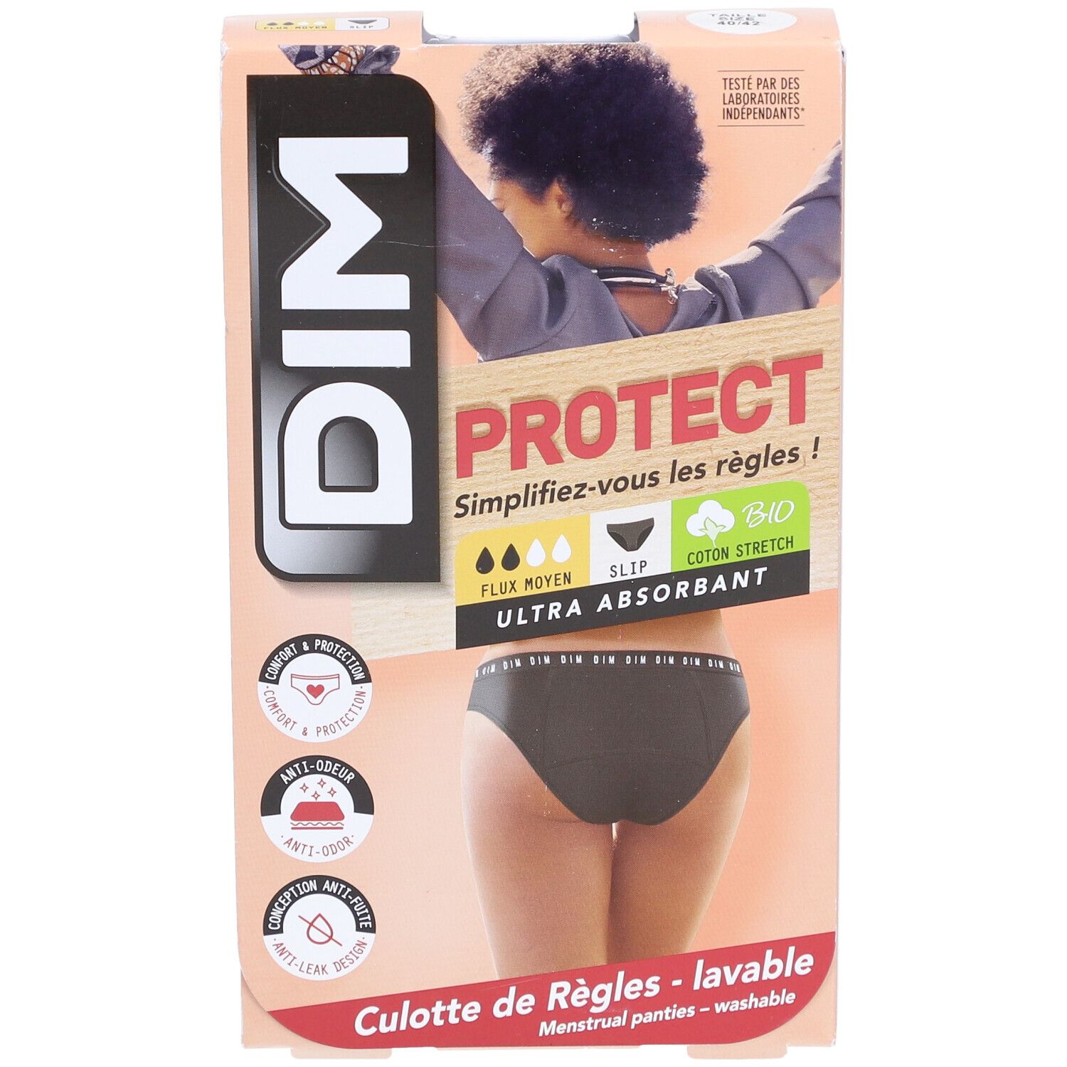 Boîte de culotte menstruelle DIM Protect. Culotte noire visible. Inscriptions: Ultra absorbant, Bio.