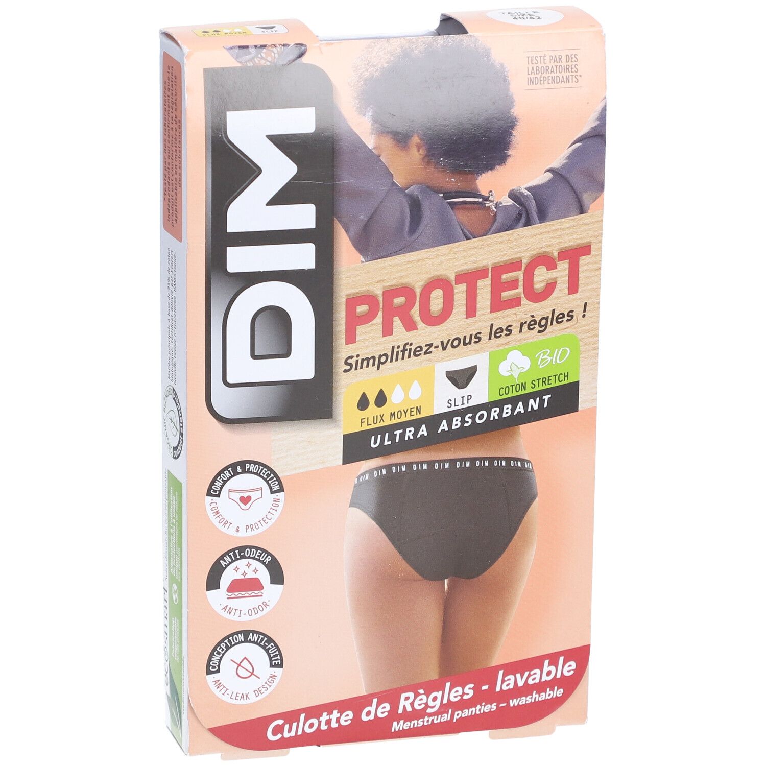 Boîte de culotte menstruelle DIM Protect. Culotte noire visible. Inscriptions: Ultra absorbant, Bio.