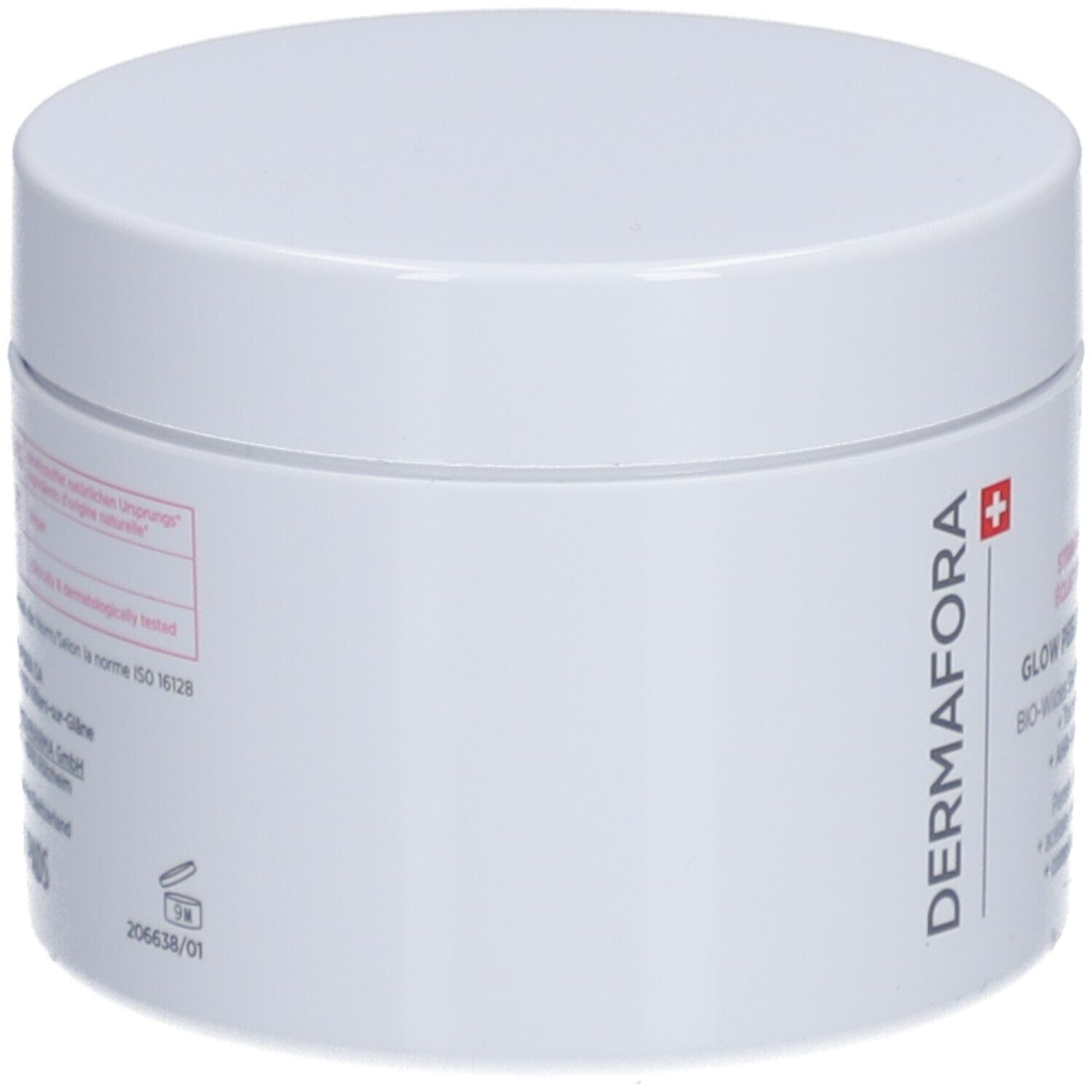 Witte pot met roze opdruk. Opschrift: Dermafora. Met Zwitsers kruis. Zijaanzicht.