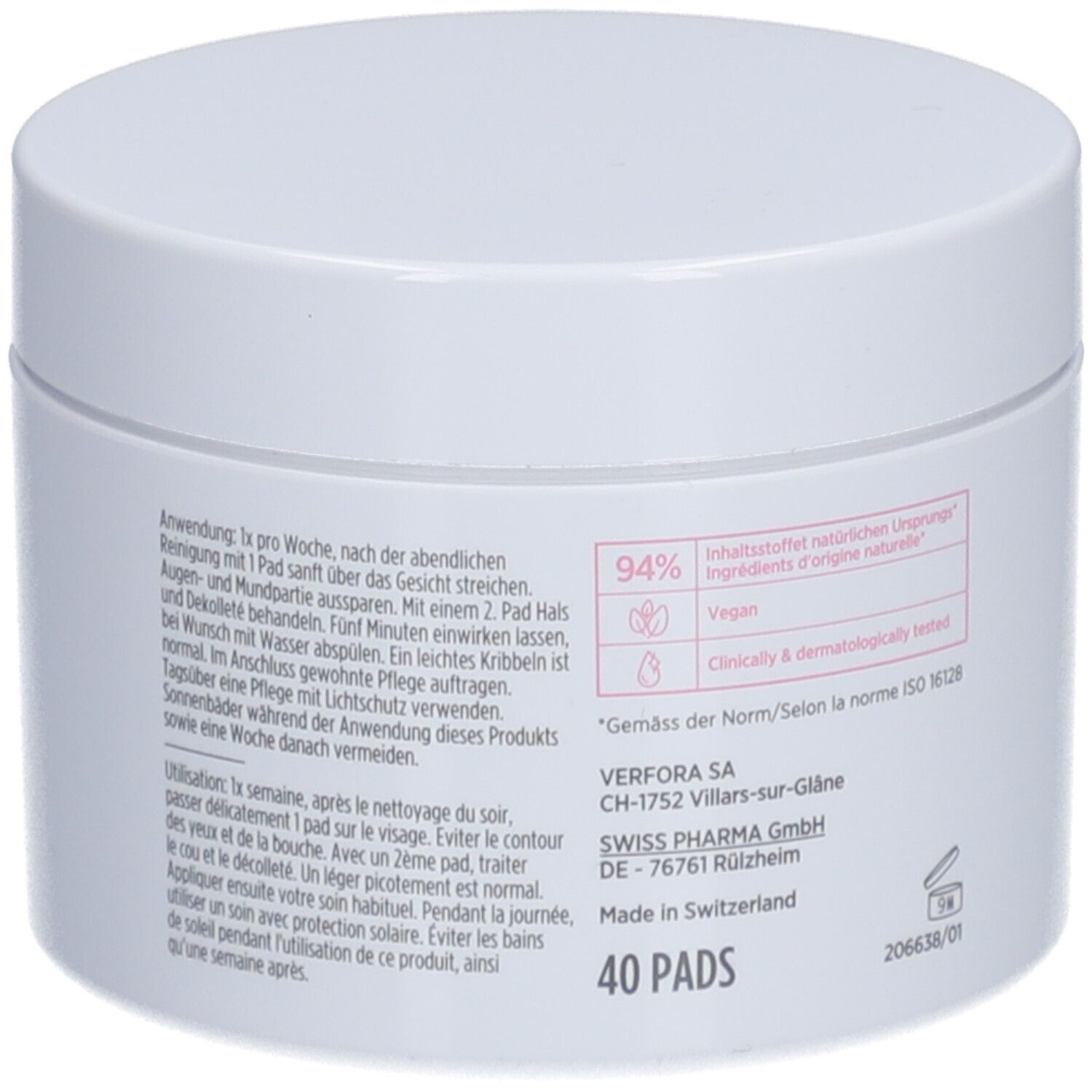 Witte pot met roze opdruk. Opschrift: 40 Pads. Tekst in het Duits en Frans. Vegan.