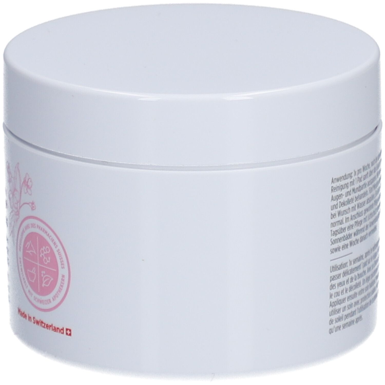 Witte pot met roze opdruk. Opschrift: Dermafora. Met Zwitsers kruis. Detailaanzicht.