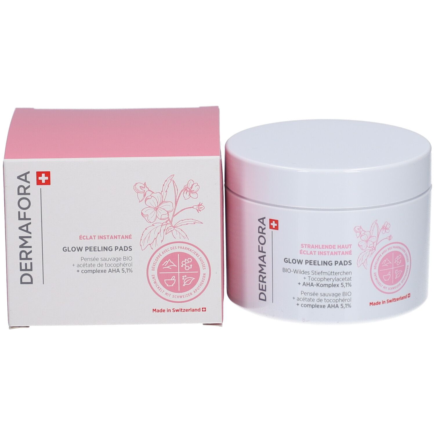 Productverpakking en pot. Opschrift: Dermafora, Glow Peeling Pads. Met Zwitsers kruis.
