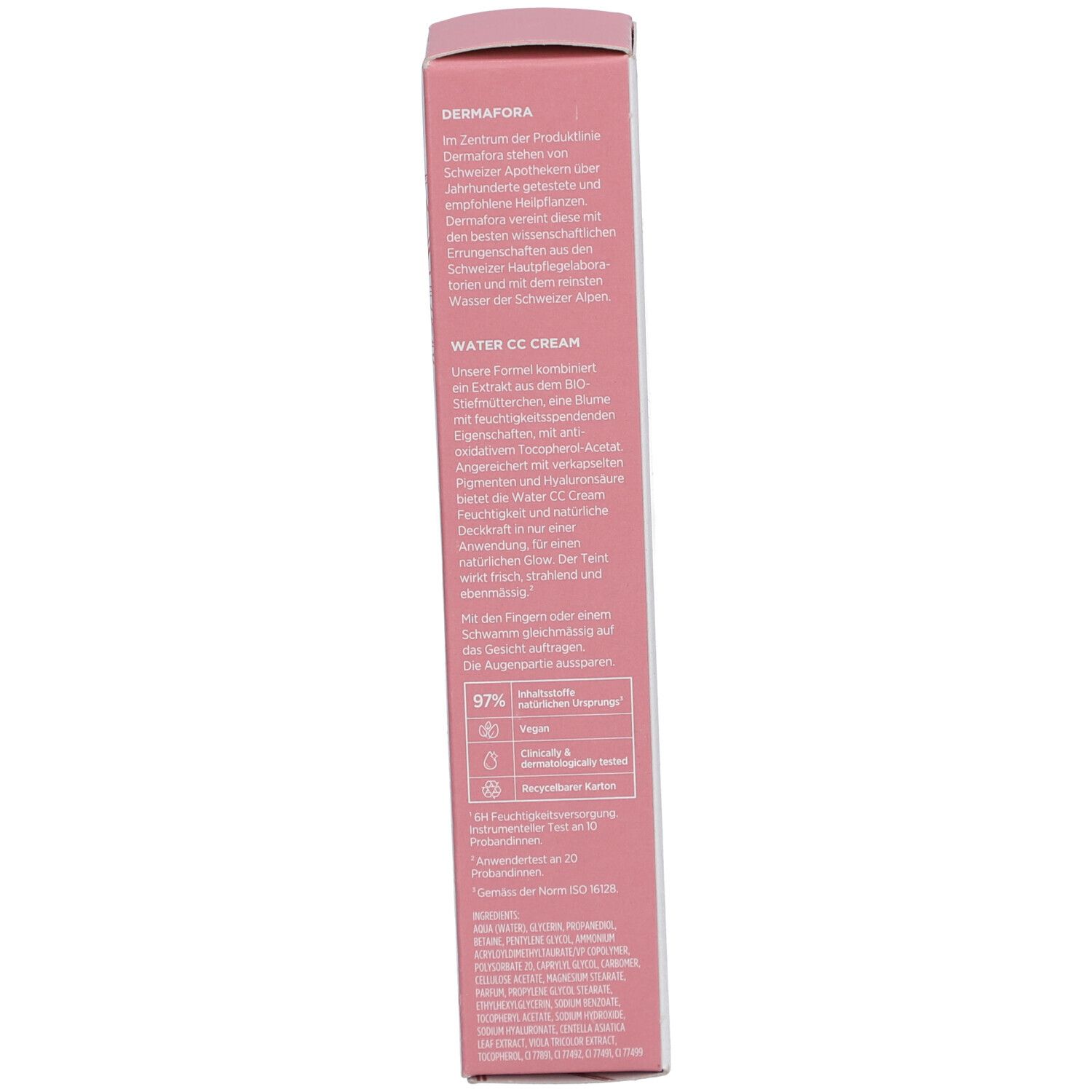 Achterkant van de doos. Tekst in het Duits. Bevat informatie over ingrediënten en gebruik. Met certificeringen.