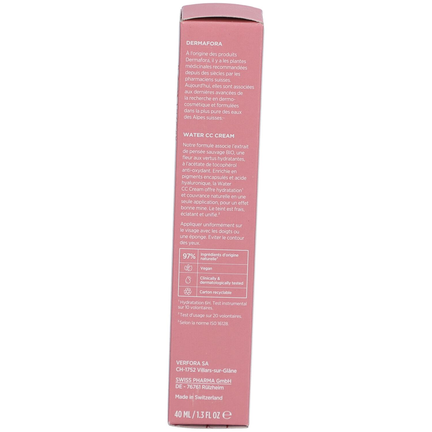 Achterkant van de doos. Tekst in het Frans. Bevat informatie over ingrediënten en gebruik. Met certificeringen.