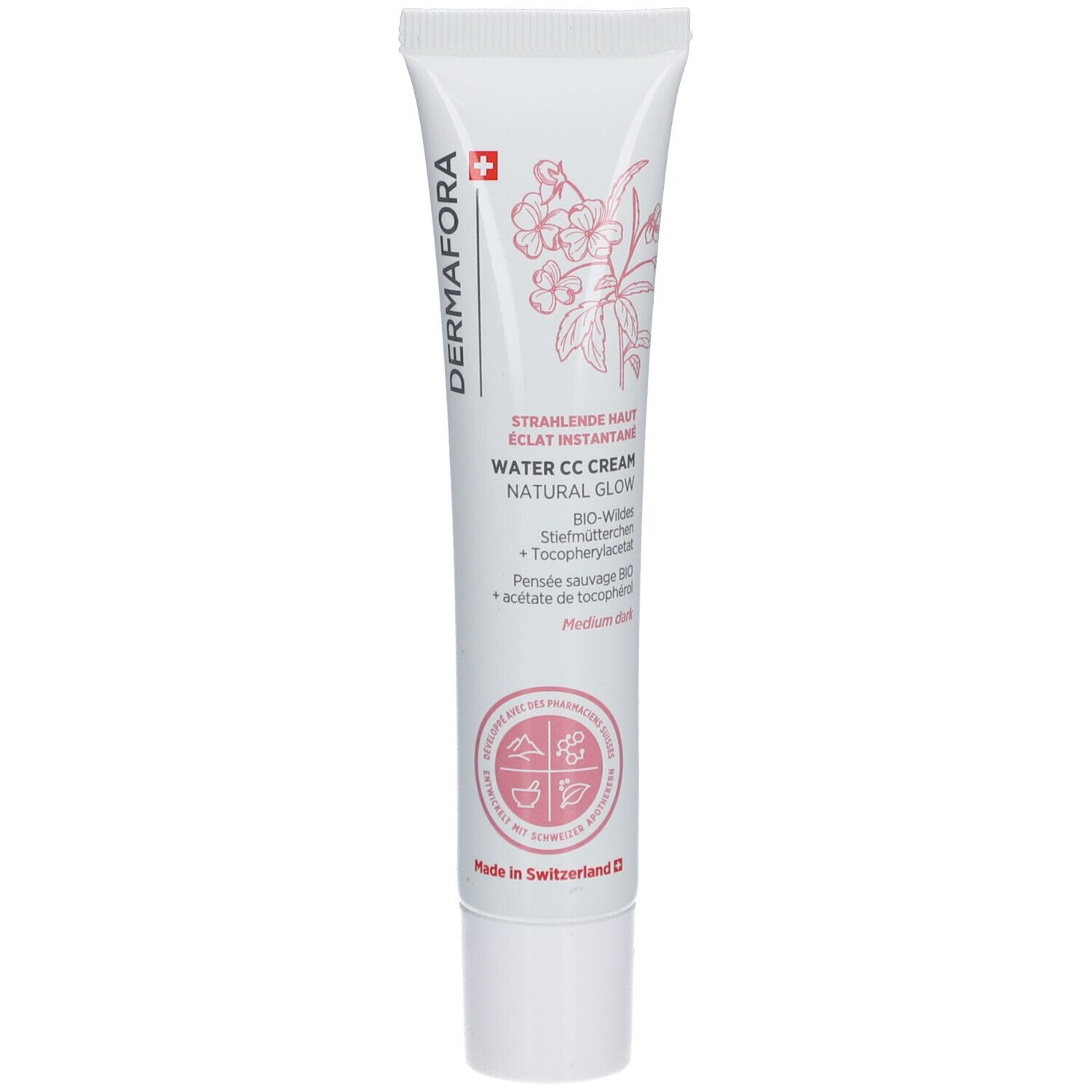 Tube blanche avec impression. Logo Dermafora, Water CC Cream, Natural Glow. Teinte Medium.