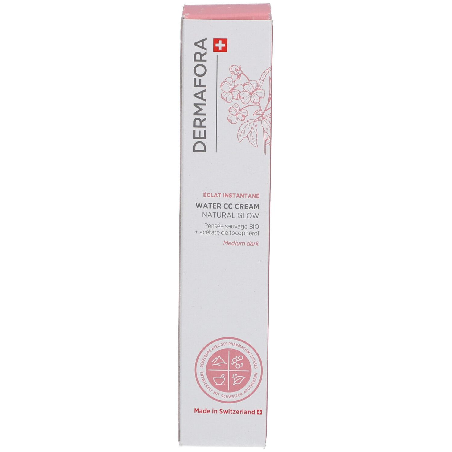 Boîte avec informations produit. Logo Dermafora, Water CC Cream, Natural Glow. Teinte Medium.