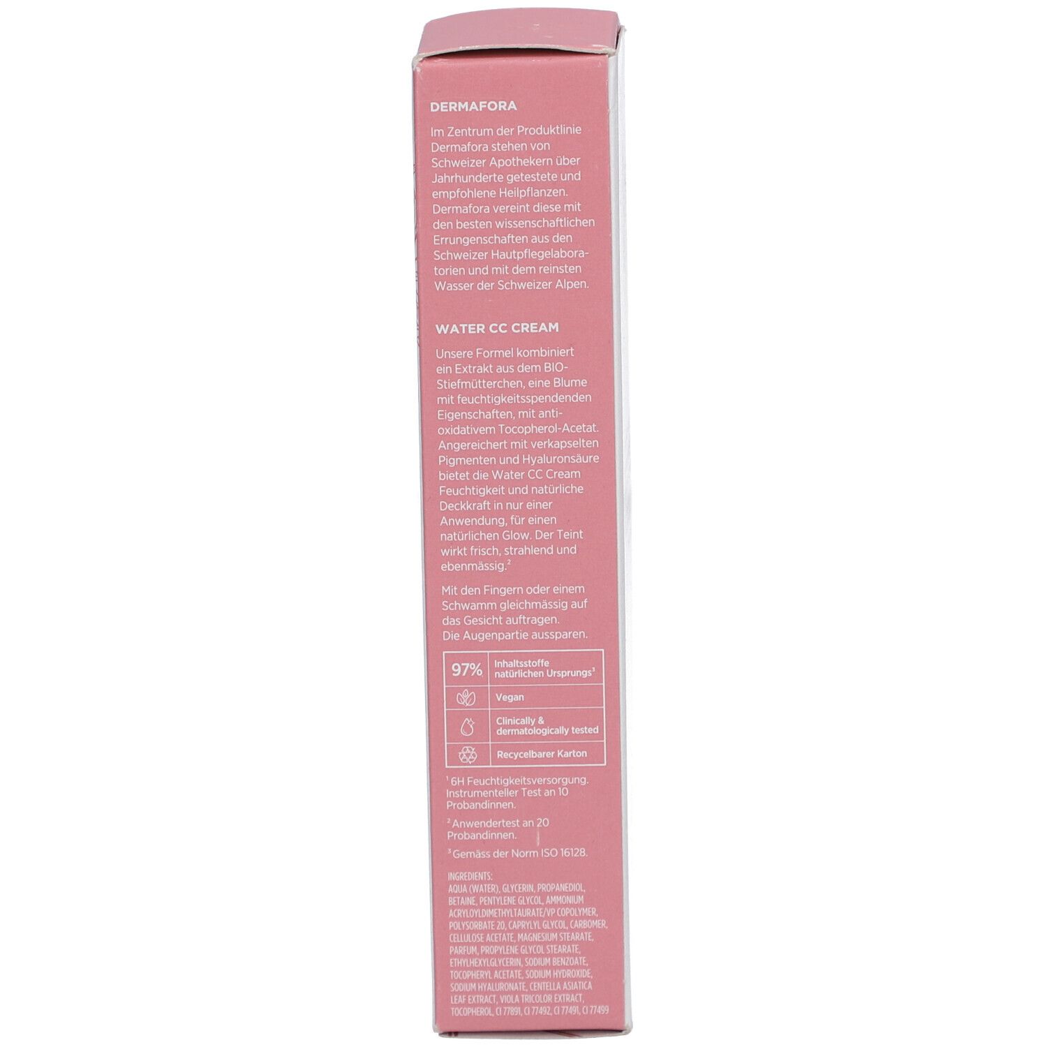 Vue latérale de la boîte. Texte en allemand. Description du produit et ingrédients.