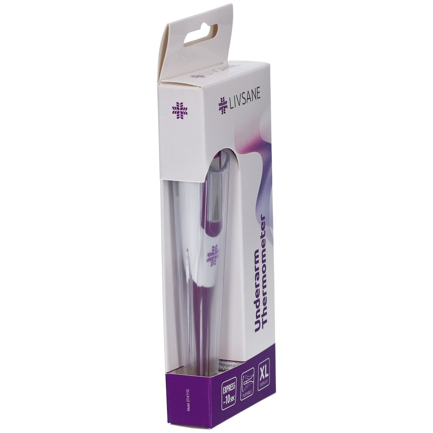 Thermometer in verpakking. Paars-wit ontwerp. Merk LIVSANE. Okselthermometer. XL-display. Snelle meting in 10 seconden.