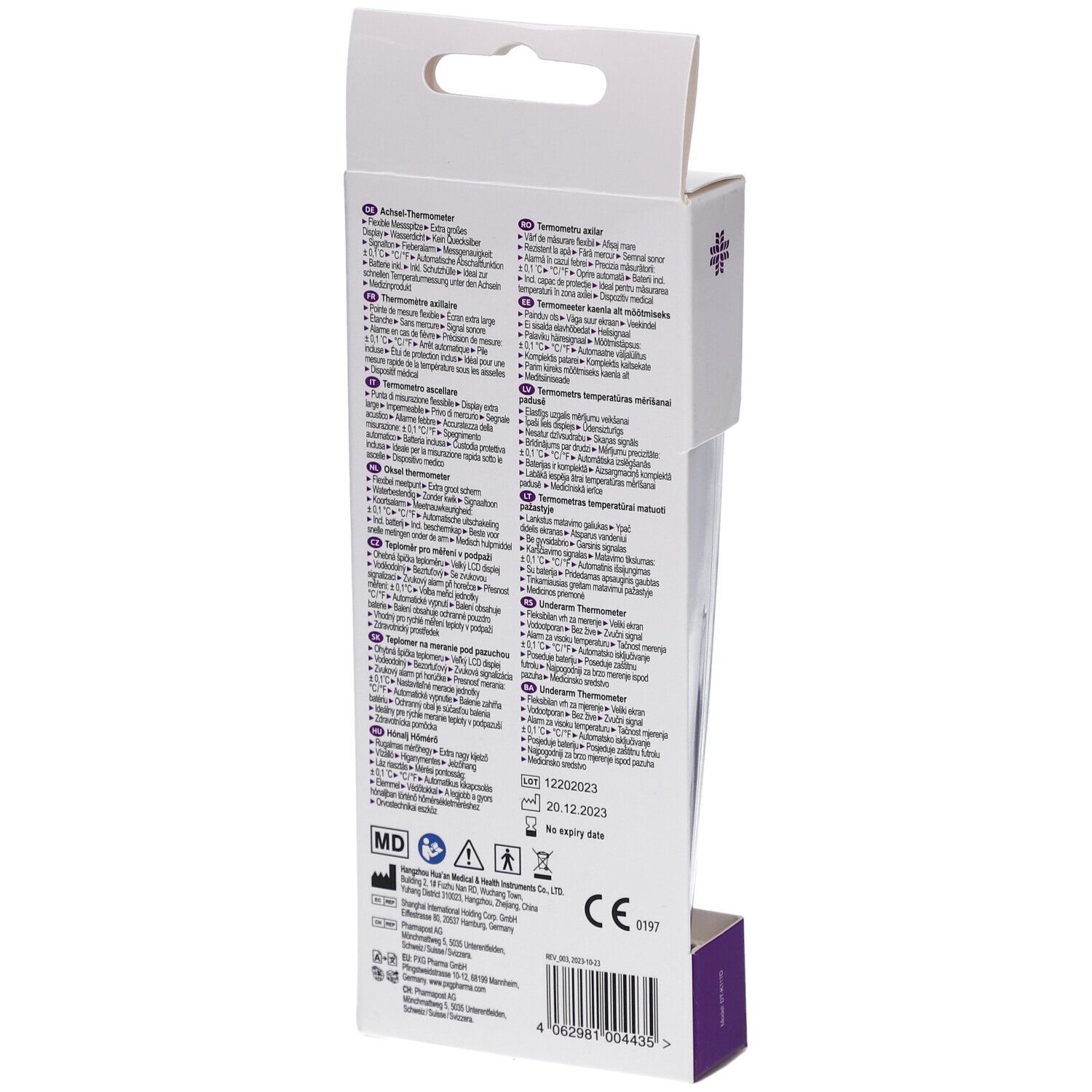 Achterkant van de verpakking. Meertalige tekst. Merk LIVSANE. Okselthermometer. Medisch hulpmiddel. CE-markering.