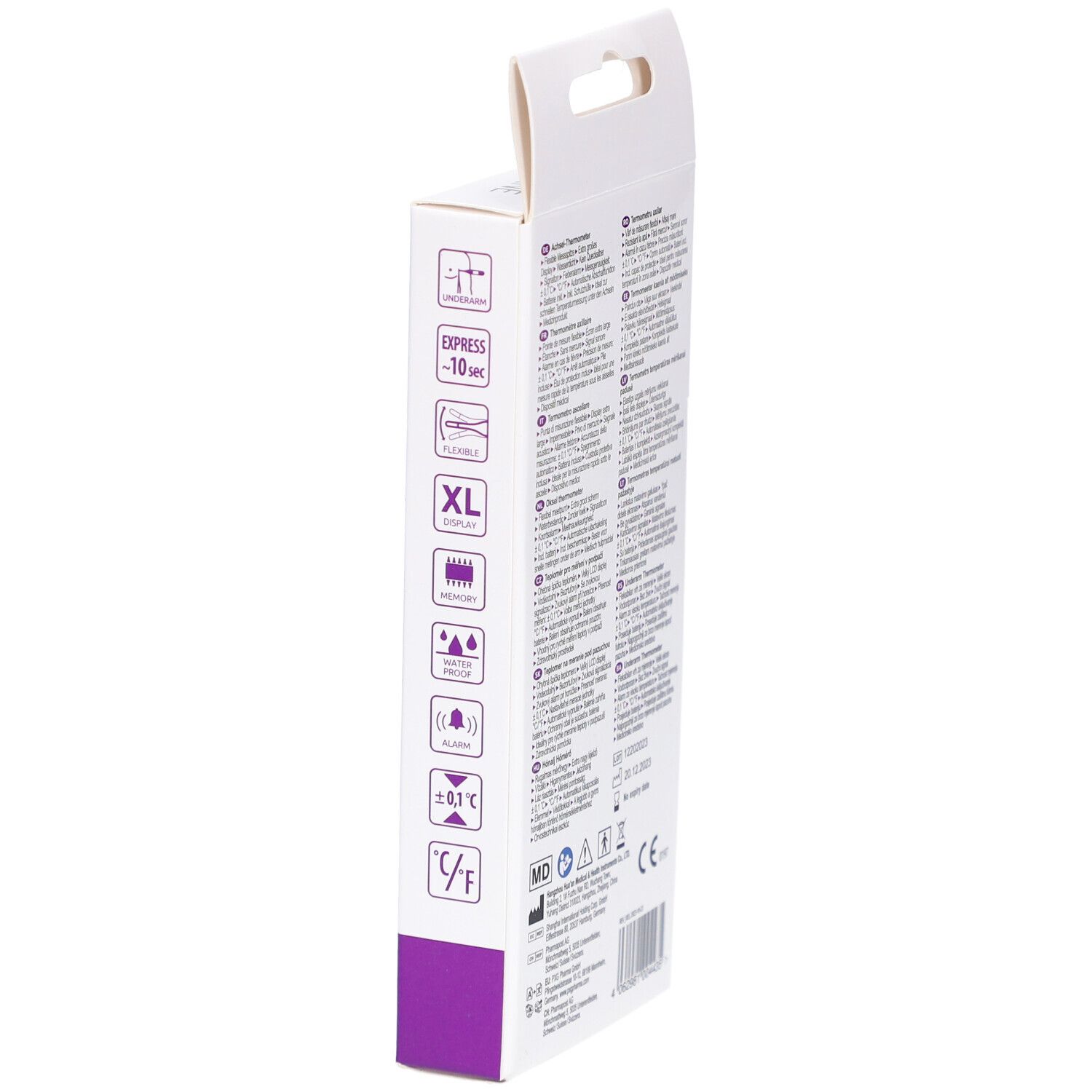 Zijkant van de verpakking met symbolen en tekst. Merk LIVSANE. Okselthermometer. Snelle meting in 10 seconden. XL-display.