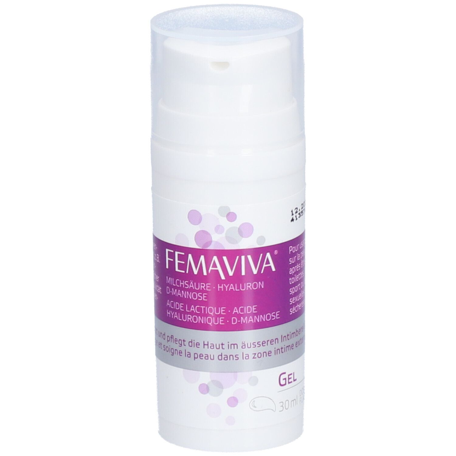 Witte dispenser met FEMAVIVA-label. Bevat melkzuur, hyaluron en D-mannose. Gel voor de externe intieme zone.