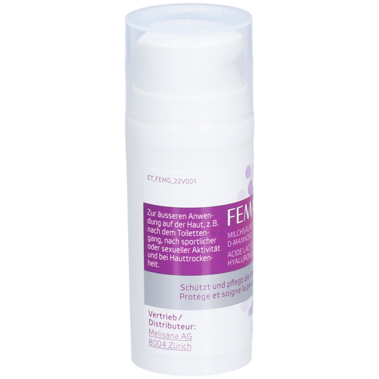 Witte dispenser met FEMAVIVA-label. Bevat melkzuur, hyaluron en D-mannose. Gel voor de externe intieme zone.