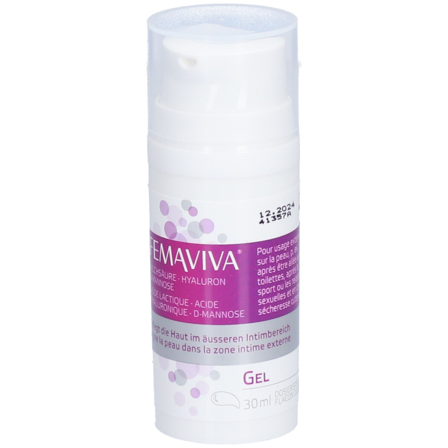 Witte dispenser met FEMAVIVA-label. Bevat melkzuur, hyaluron en D-mannose. Gel voor de externe intieme zone.