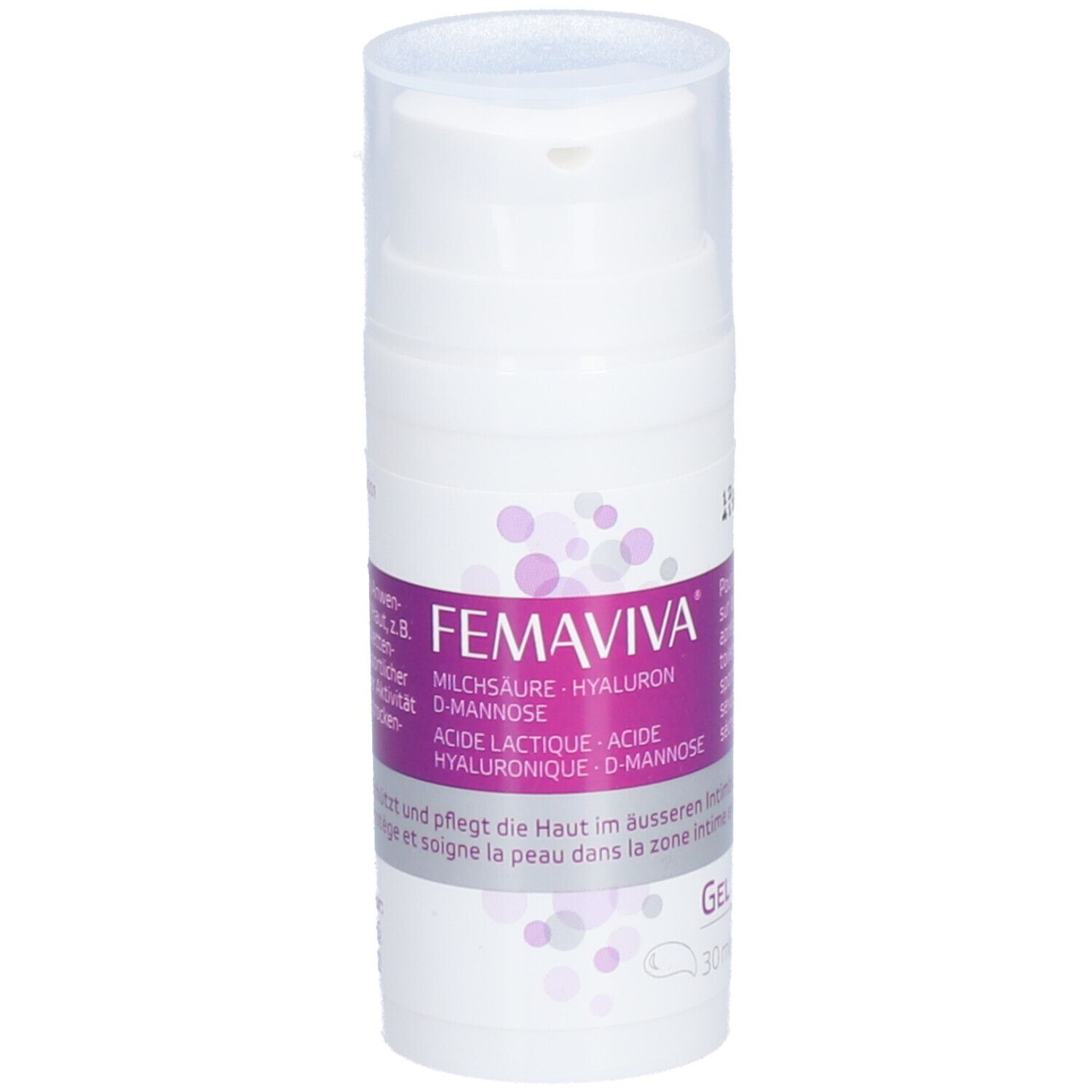 Witte dispenser met FEMAVIVA-label. Bevat melkzuur, hyaluron en D-mannose. Gel voor de externe intieme zone.
