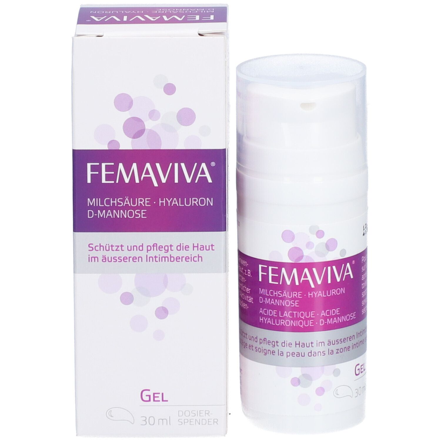 FEMAVIVA gel dispenser en verpakking. Bevat melkzuur, hyaluron en D-mannose. Gel voor de externe intieme zone.