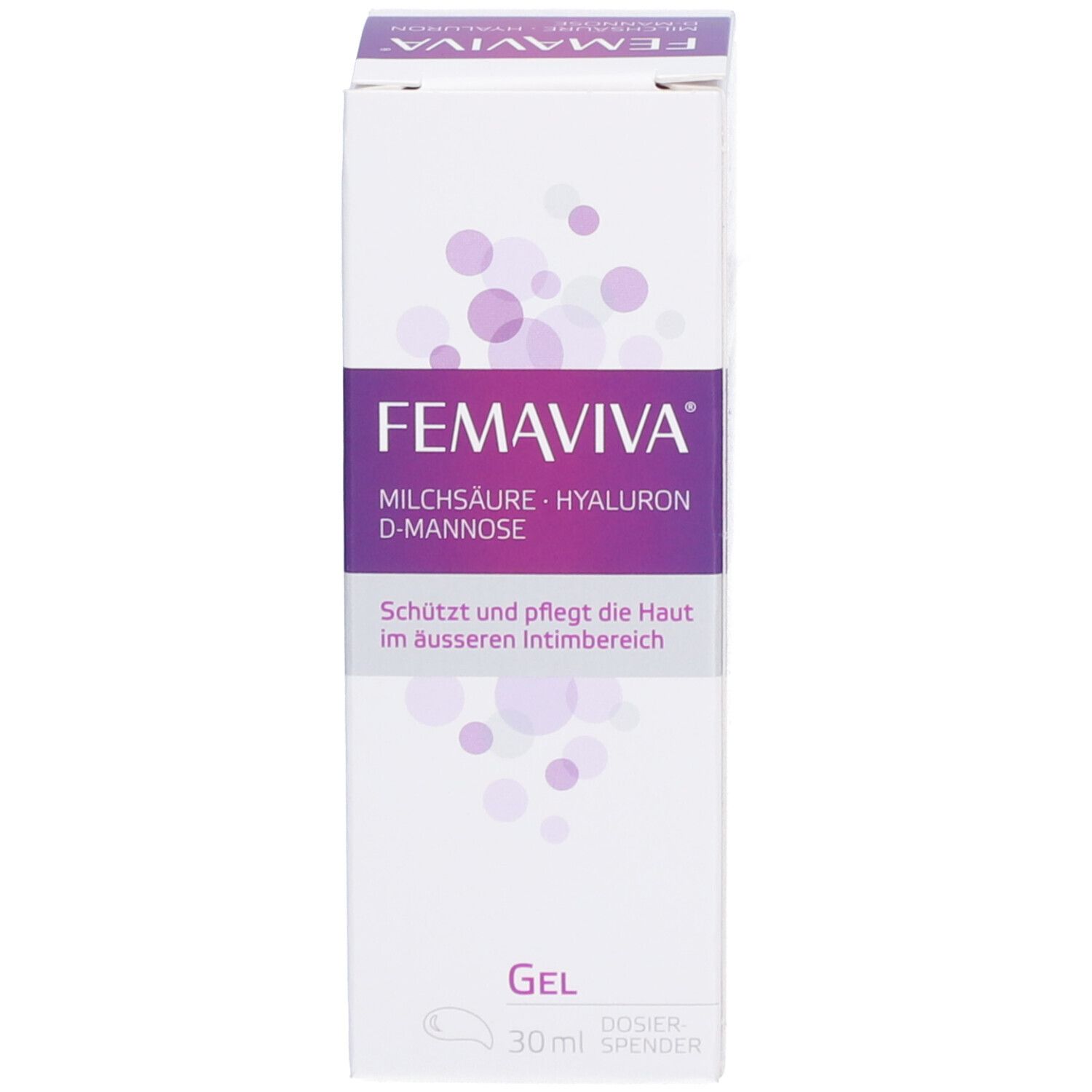 FEMAVIVA gel verpakking. Bevat melkzuur, hyaluron en D-mannose. Gel voor de externe intieme zone.