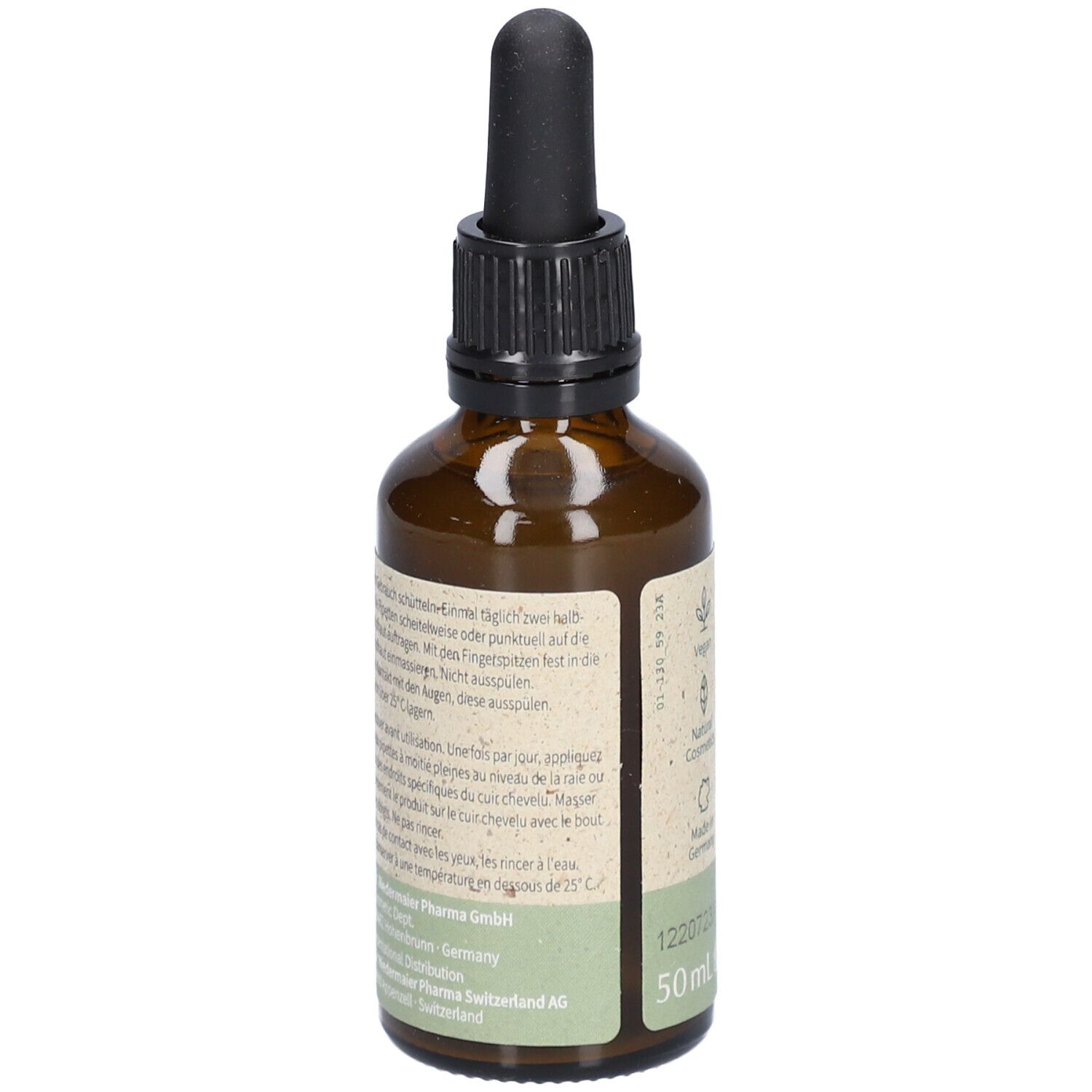 Achteraanzicht van de bruine glazen fles. Etiket met tekstinformatie, Vegan-logo en land van herkomst.