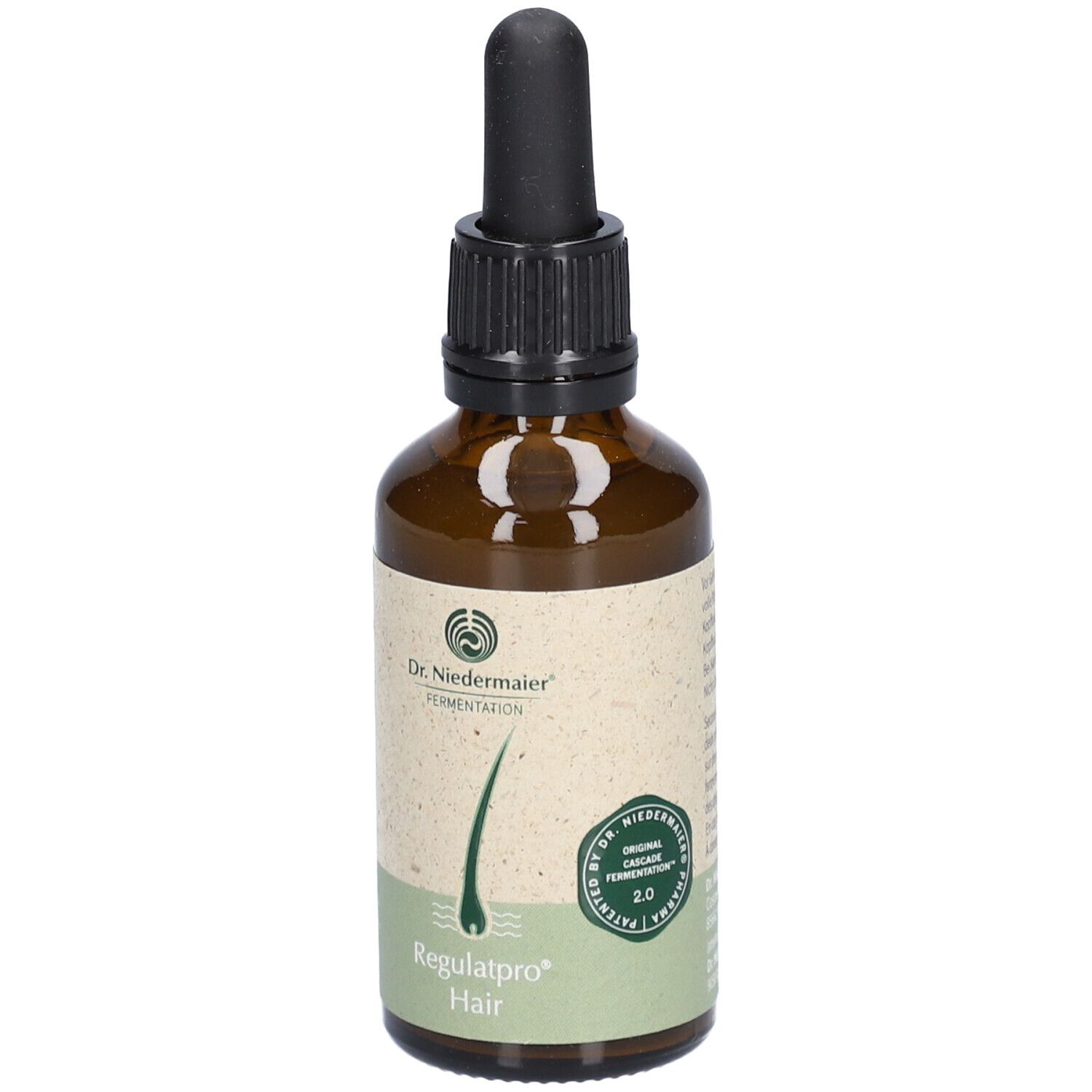 Bruine glazen fles met zwarte druppelaar. Etiket met logo, productnaam Regulatpro Hair en certificering.