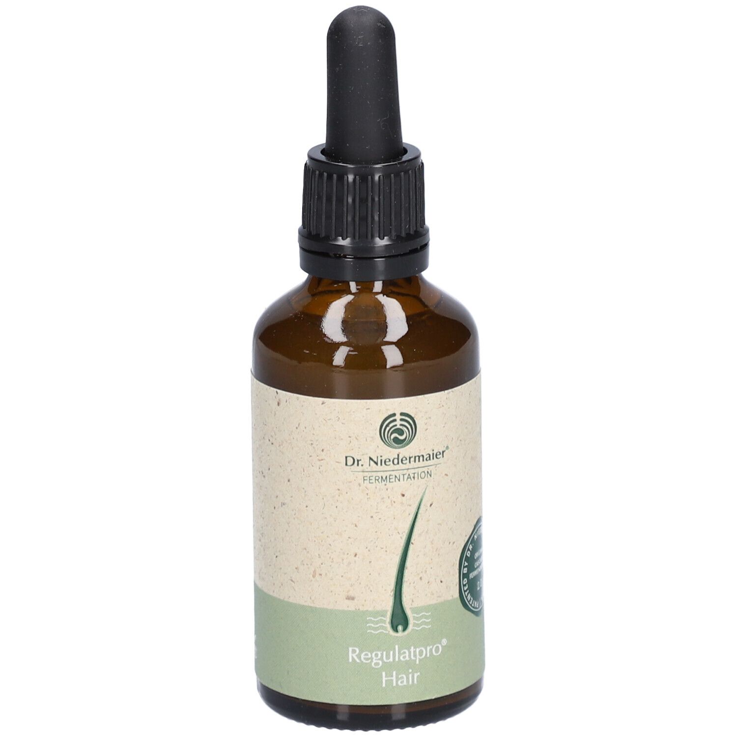 Bruine glazen fles met zwarte druppelaar. Etiket met logo, productnaam Regulatpro Hair en certificering.