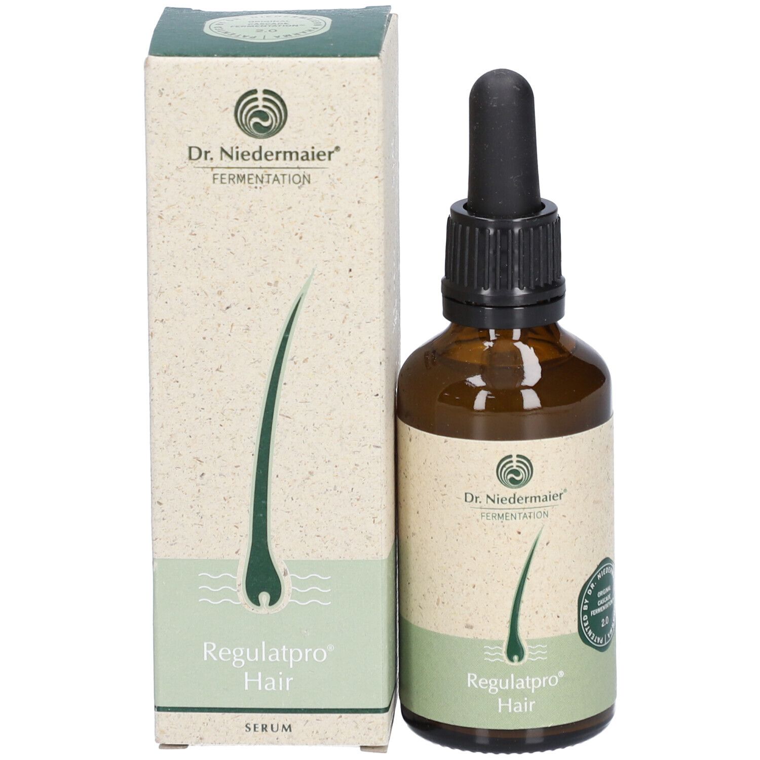 Productfles en verpakking. Bruine fles met druppelaar, ernaast doos. Productnaam: Regulatpro Hair.