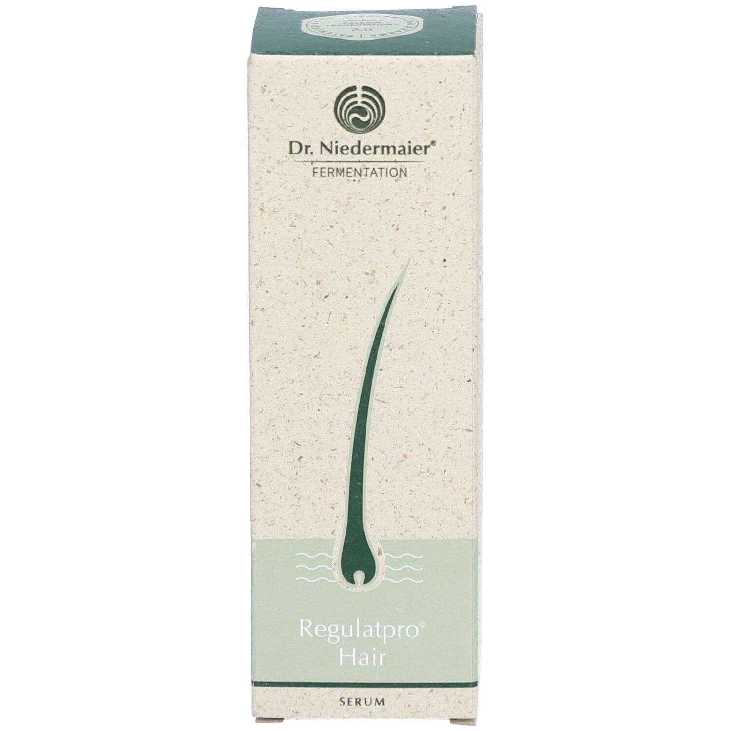 Kartonnen verpakking voor het product. Groen-wit ontwerp met logo, productnaam Regulatpro Hair en illustratie.