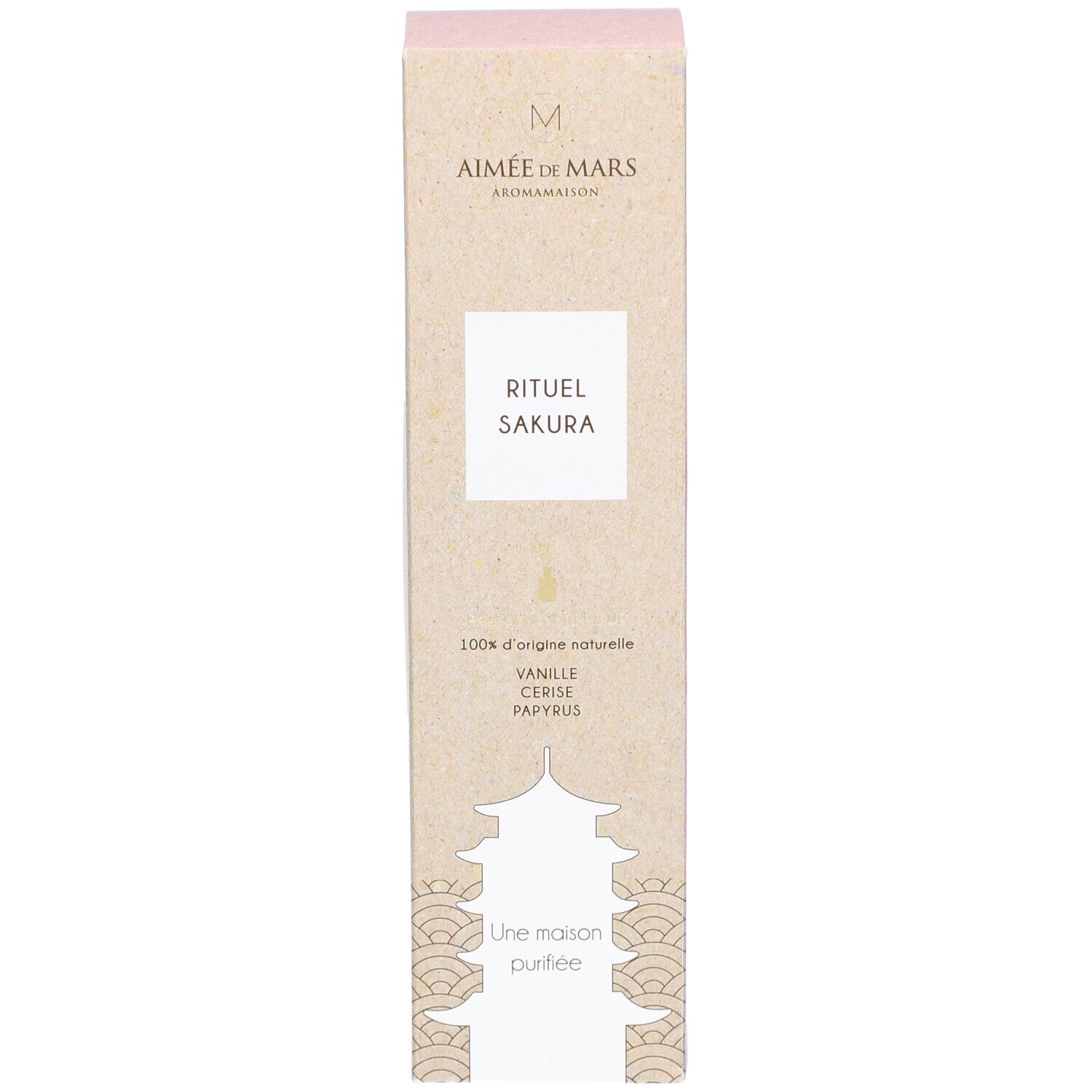 Kartonnen verpakking "Rituel Sakura" met logo en informatie. Beige en roze tinten. Vooraanzicht.