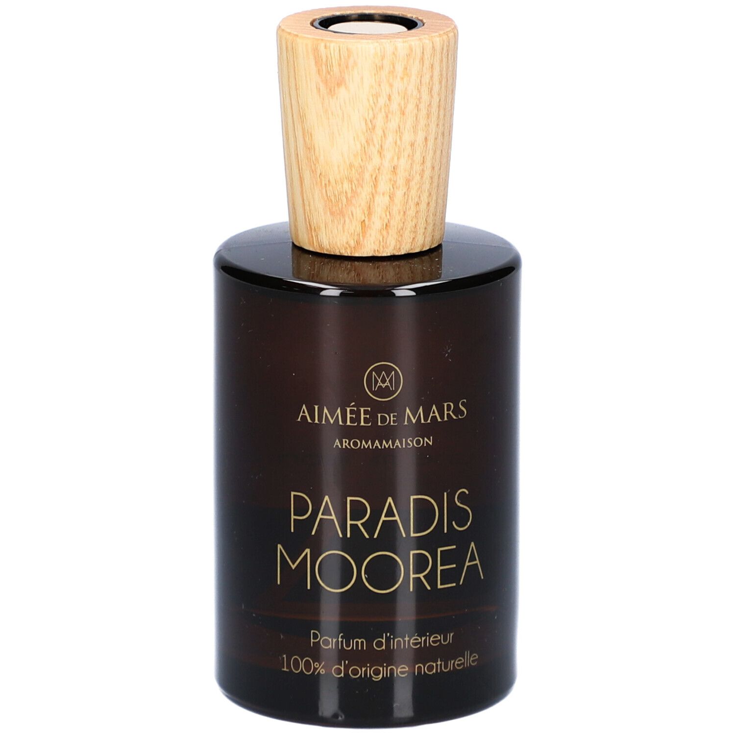 Bruine glazen fles met houten dop. Opschrift: Paradis Moorea, 100% d'origine naturelle. Merk: Aimée de Mars.