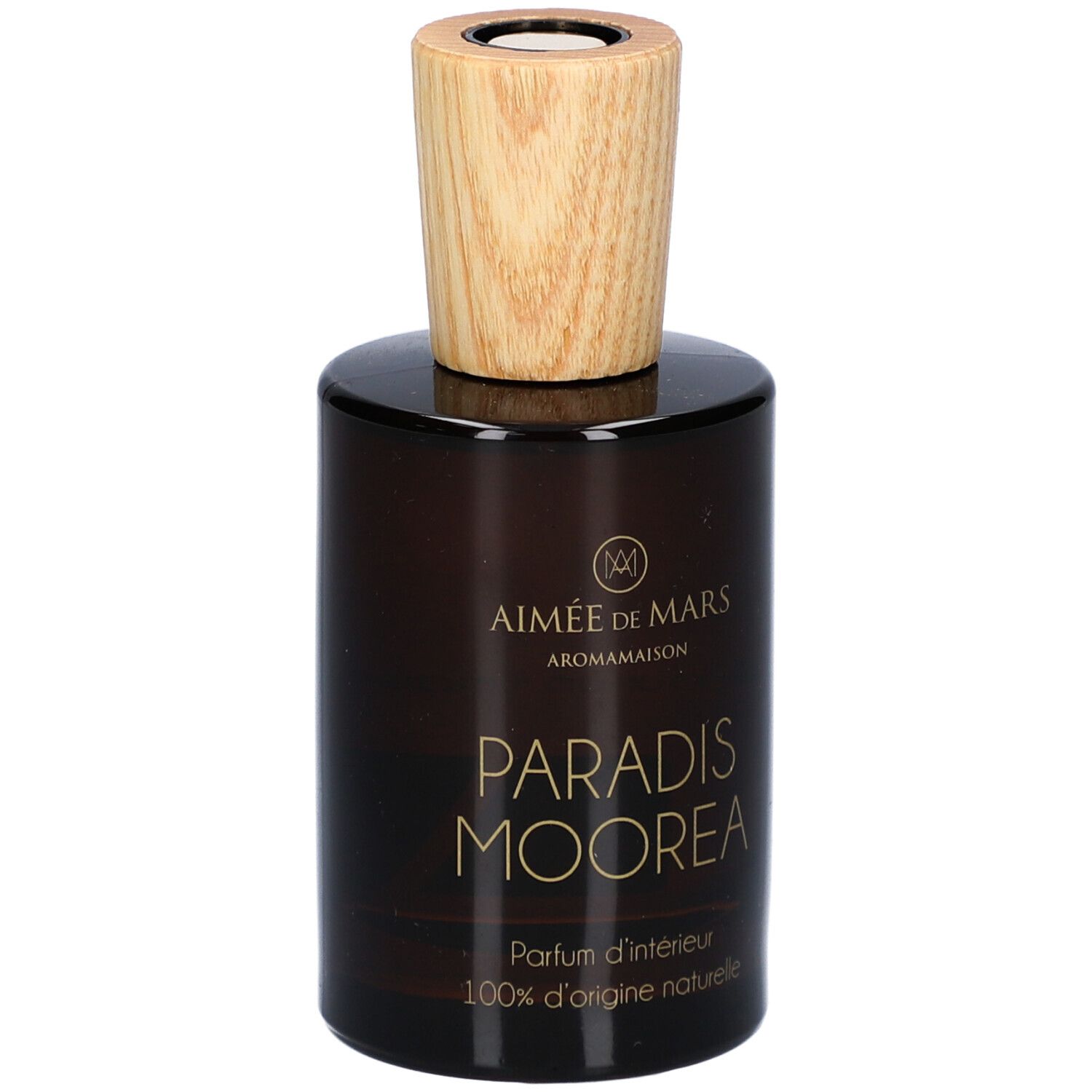 Bruine glazen fles met houten dop. Opschrift: Paradis Moorea, Parfum d'intérieur, 100% d'origine naturelle. Merk: Aimée de Mars.