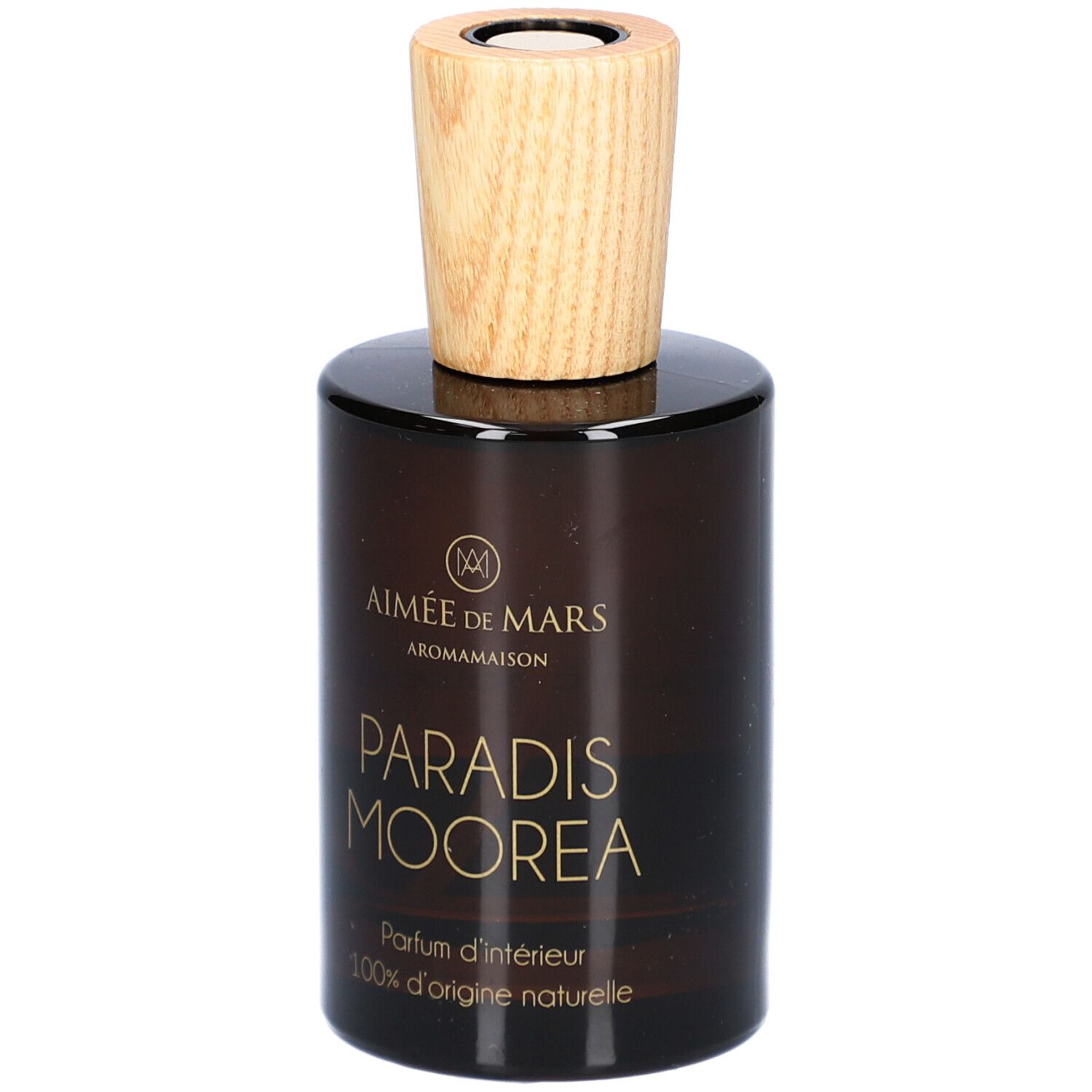 Bruine glazen fles met houten dop. Opschrift: Paradis Moorea, Parfum d'intérieur, 100% d'origine naturelle. Merk: Aimée de Mars.