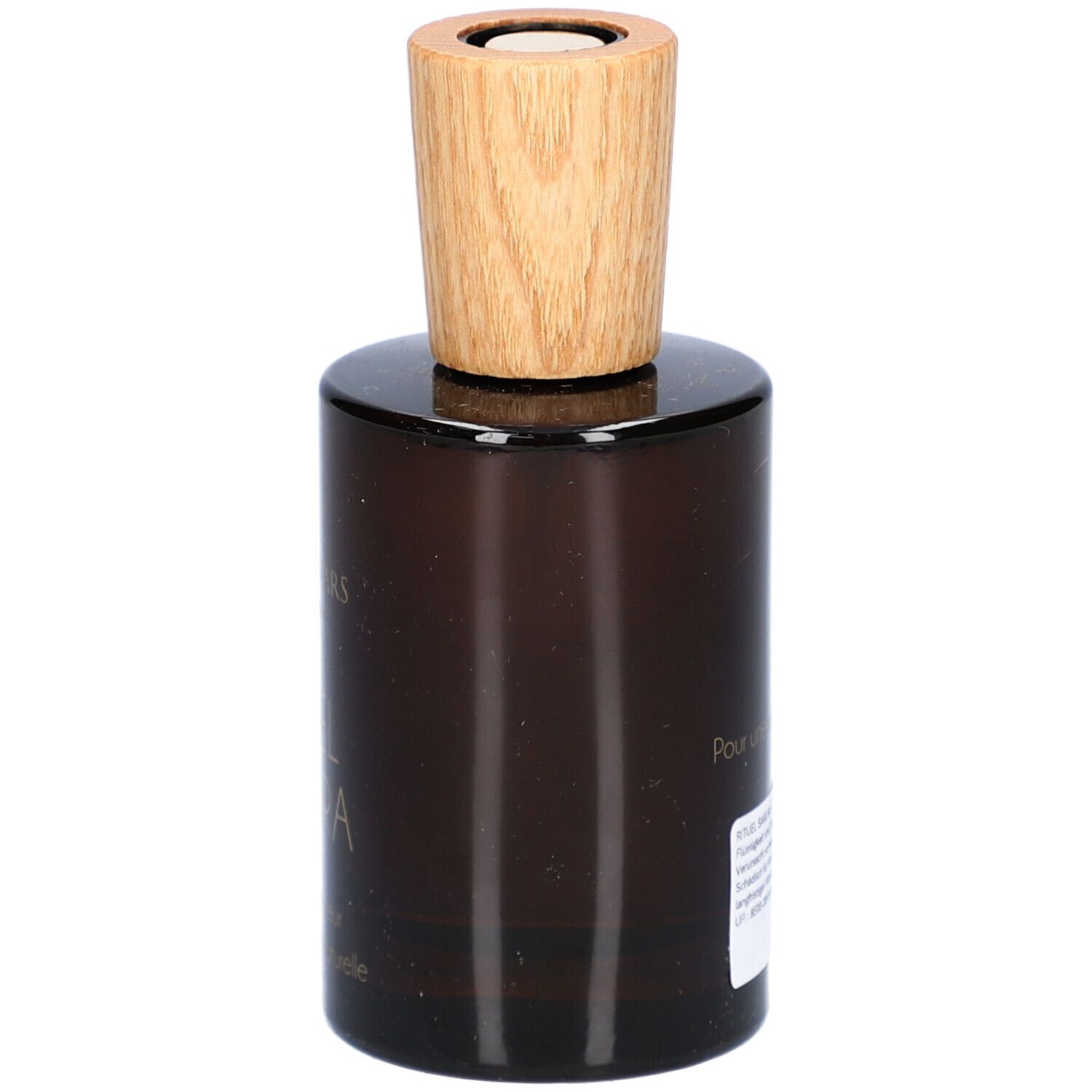 Bruine glazen fles met houten dop. Etiket met tekst aan de zijkant. Merk: Aimée de Mars.